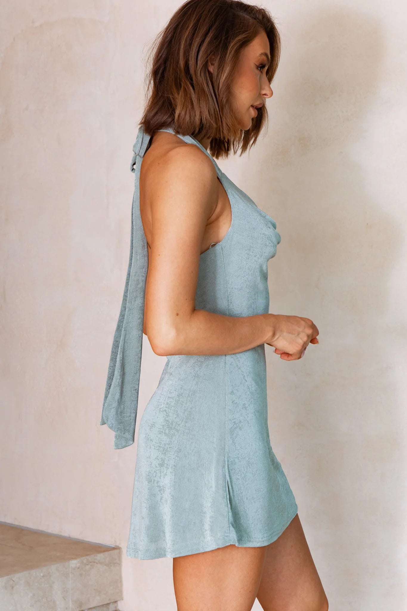 Champagne Showers Halterneck Slip Jersey Mini Dress Sage