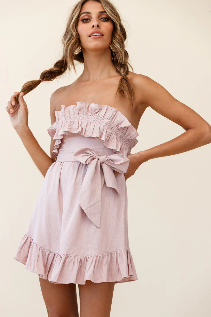Dream All Day Shirred Ruffle Feature Strapless Dress Blush