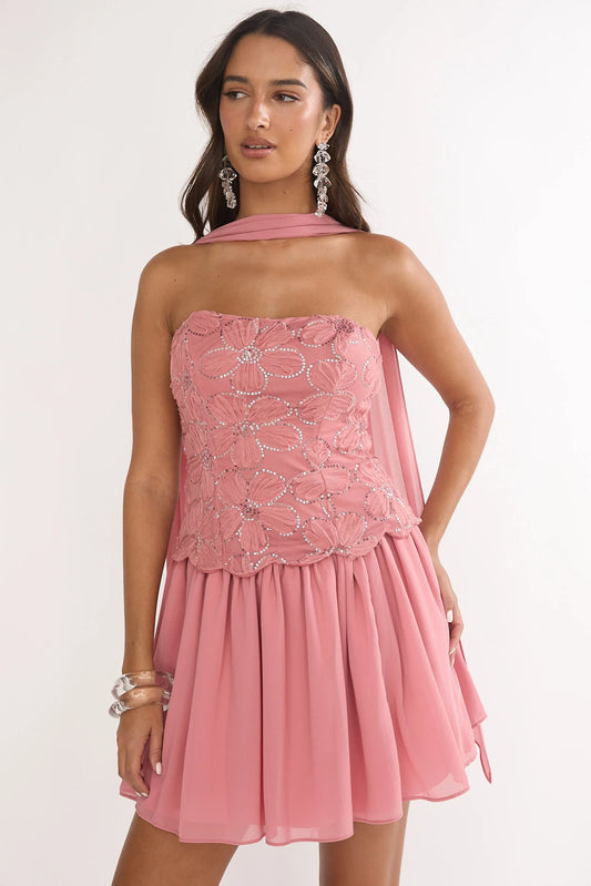Sunset Serenade Elasticated Waist Mini Skirt Rose