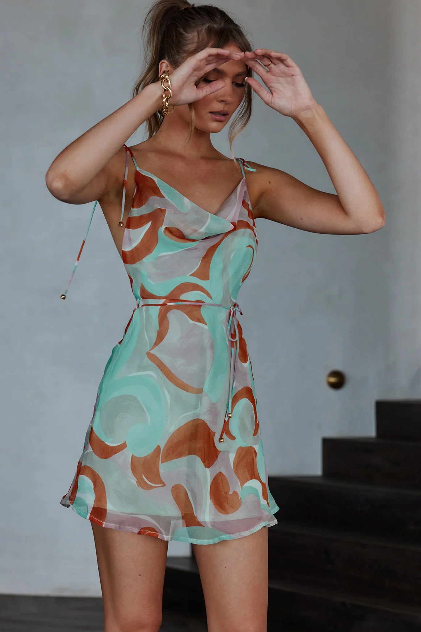 Salena String-Tie Strap Mini Dress Swirl Mint