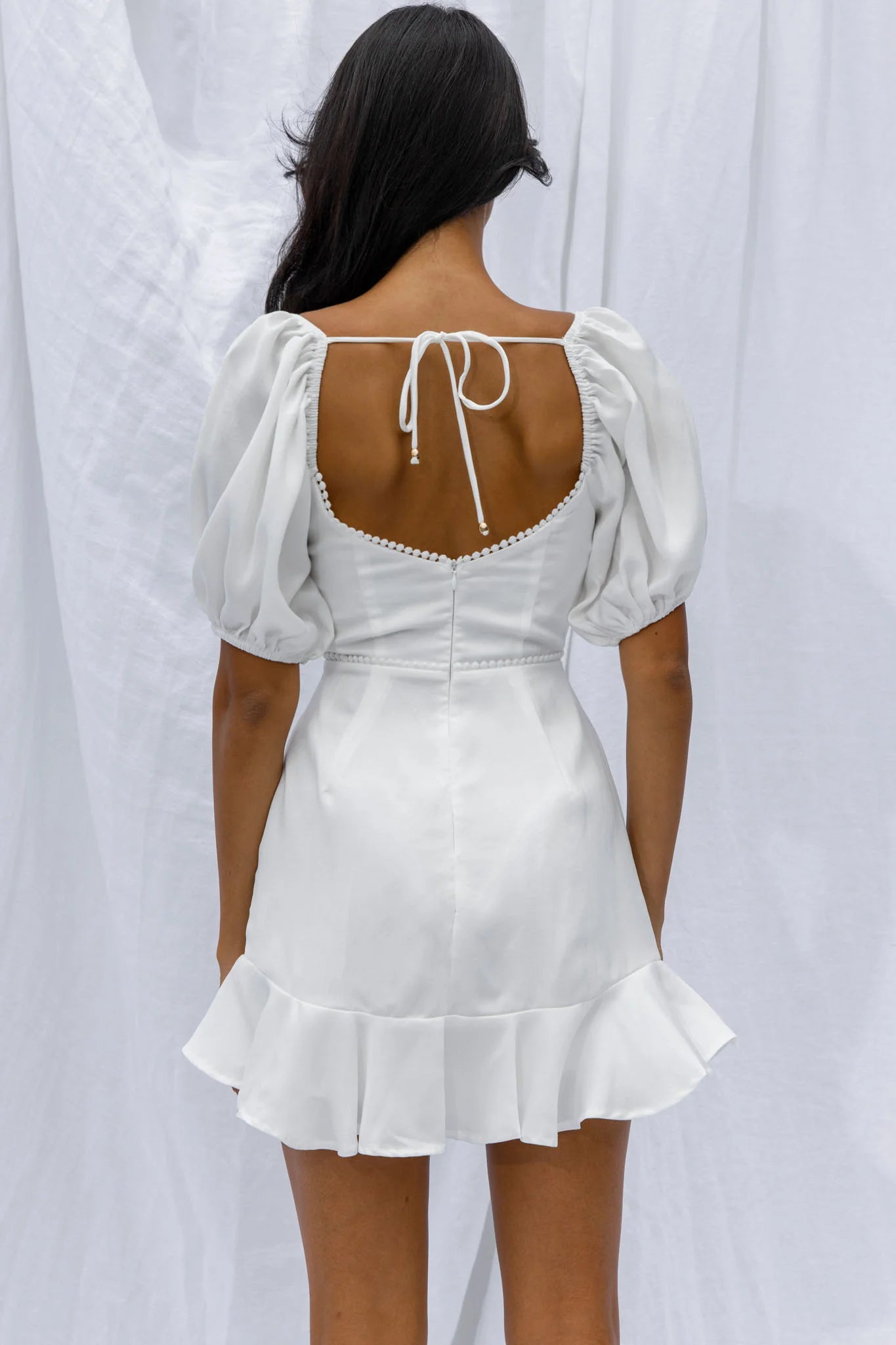 Catch Feelings Sweetheart Neckline Puff Sleeve Dot Trim Dress White