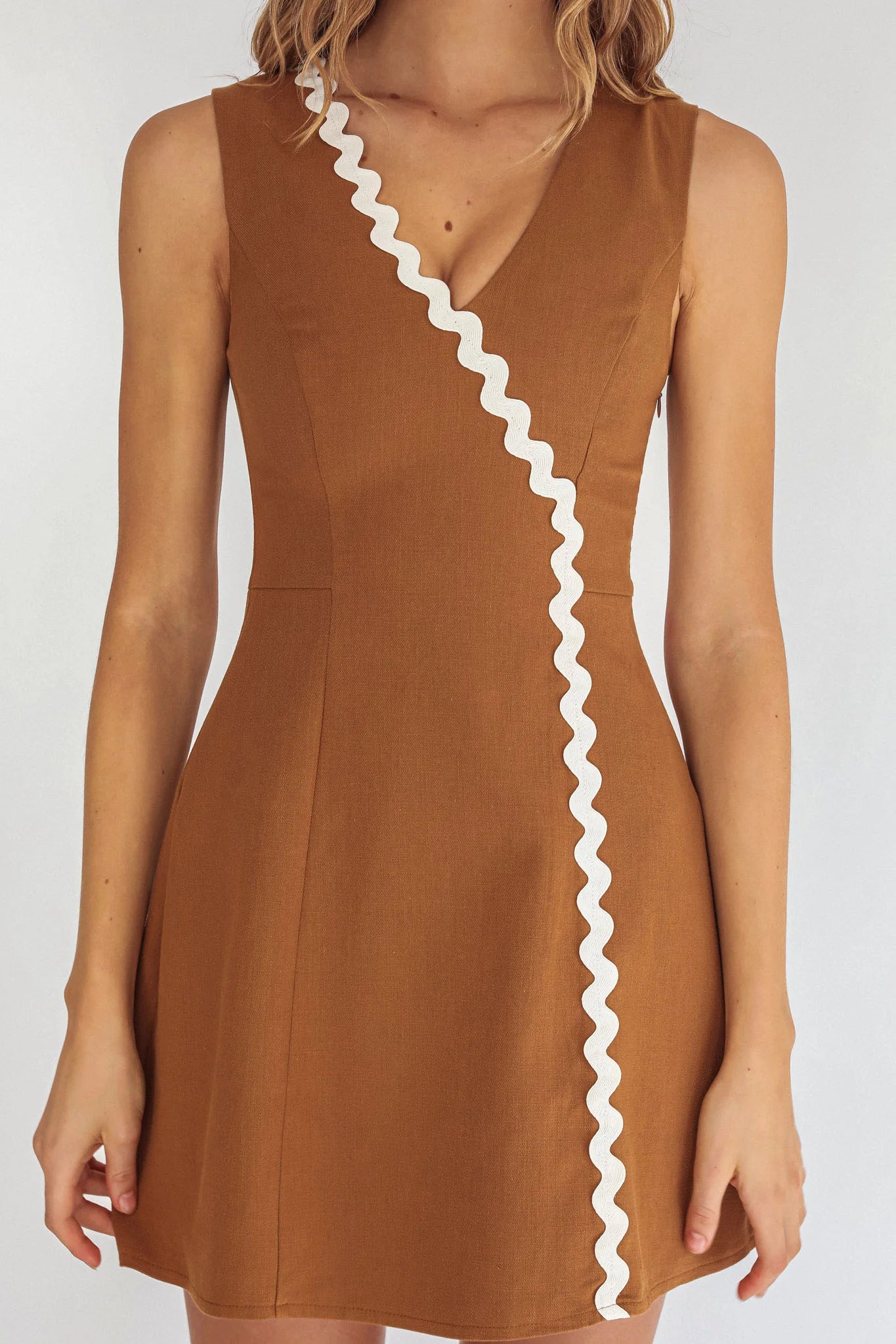 Make You Mine V-Neck Ric-Rac Mini Dress Brown