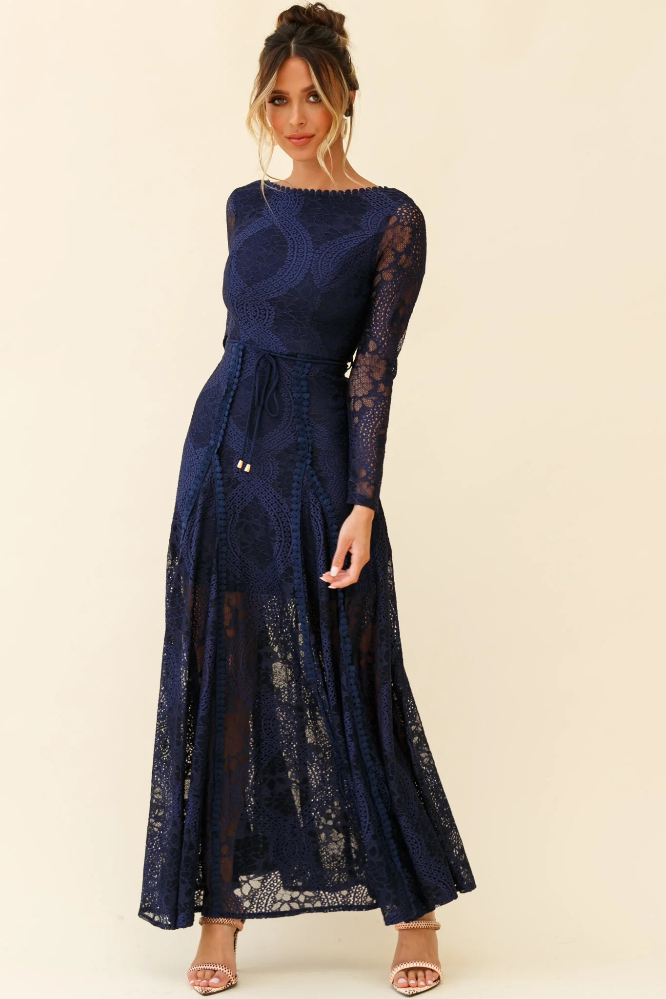 Palm Springs Long Sleeve Lace Overlay Maxi Dress Navy