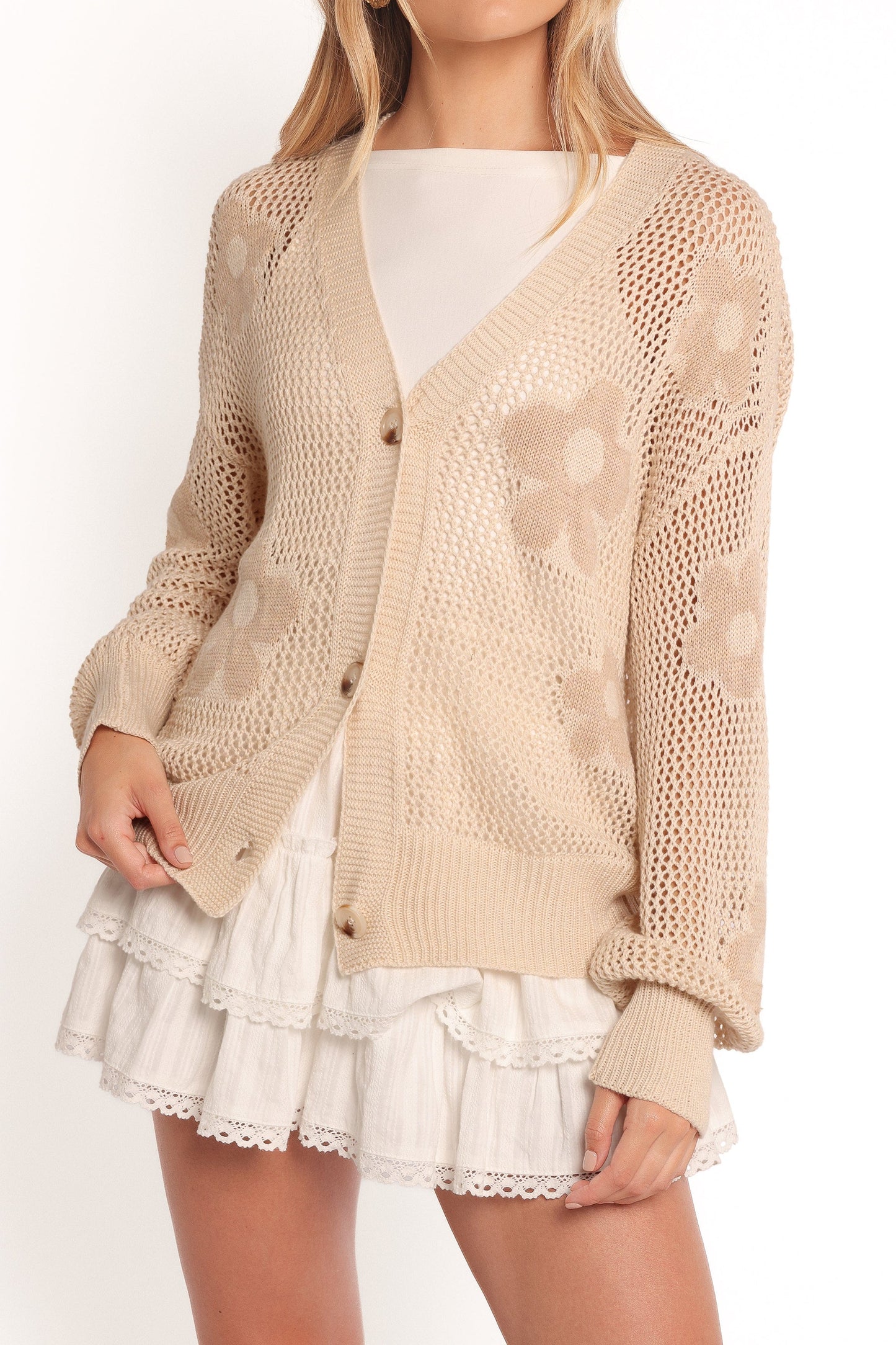 Winslow Open Knit Flower Cardigan - Tan