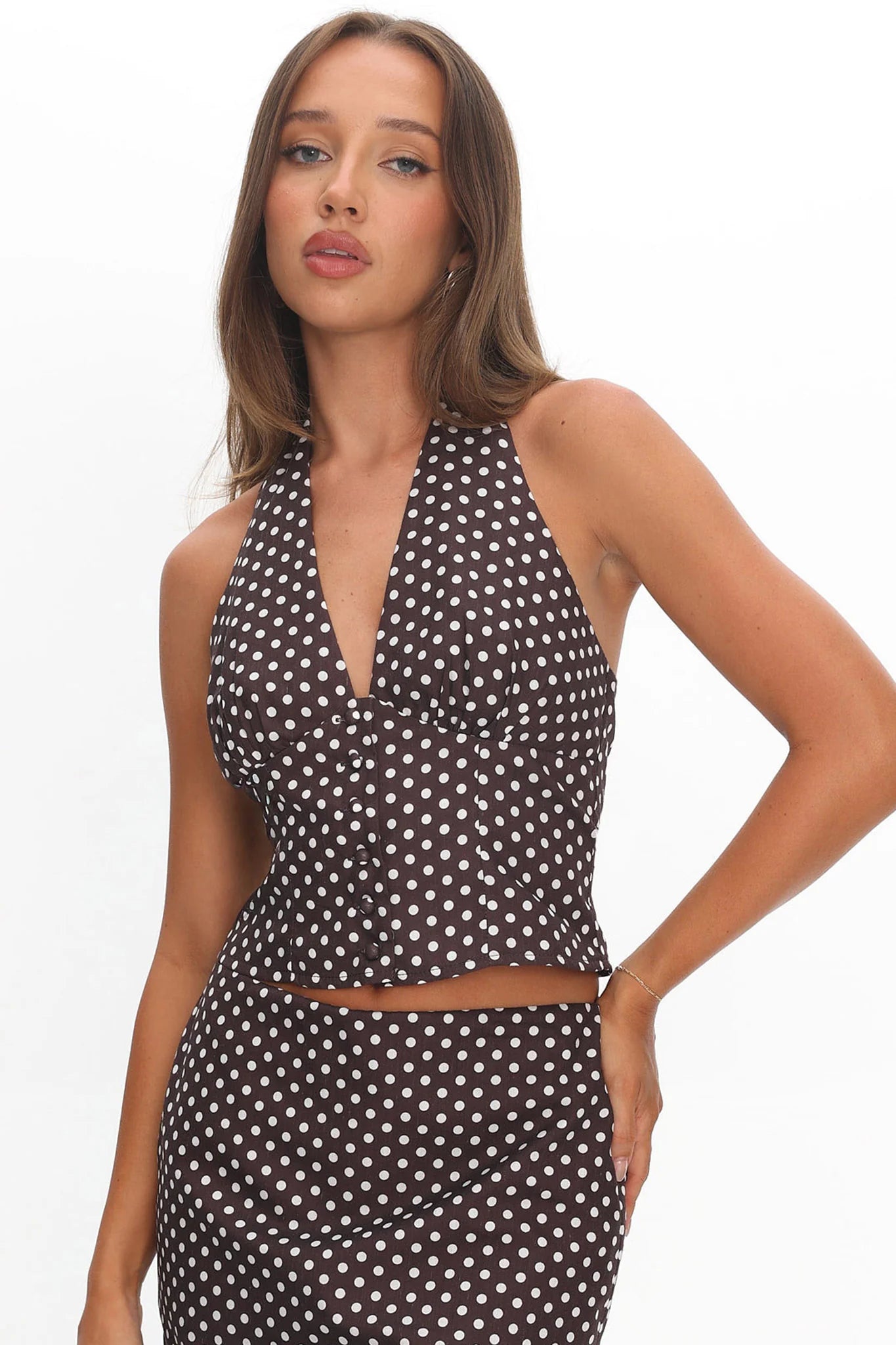 Sundrenched Button Halter Top Polka Dot Chocolate