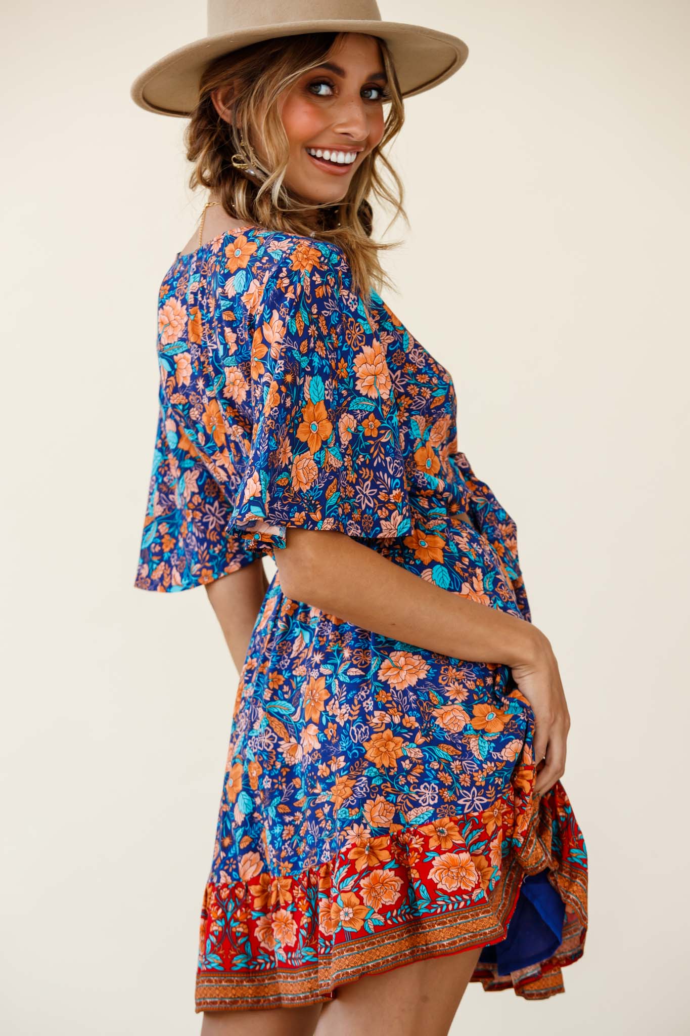 Suva Tie-Knot Bust A-Line Dress Floral Print Navy