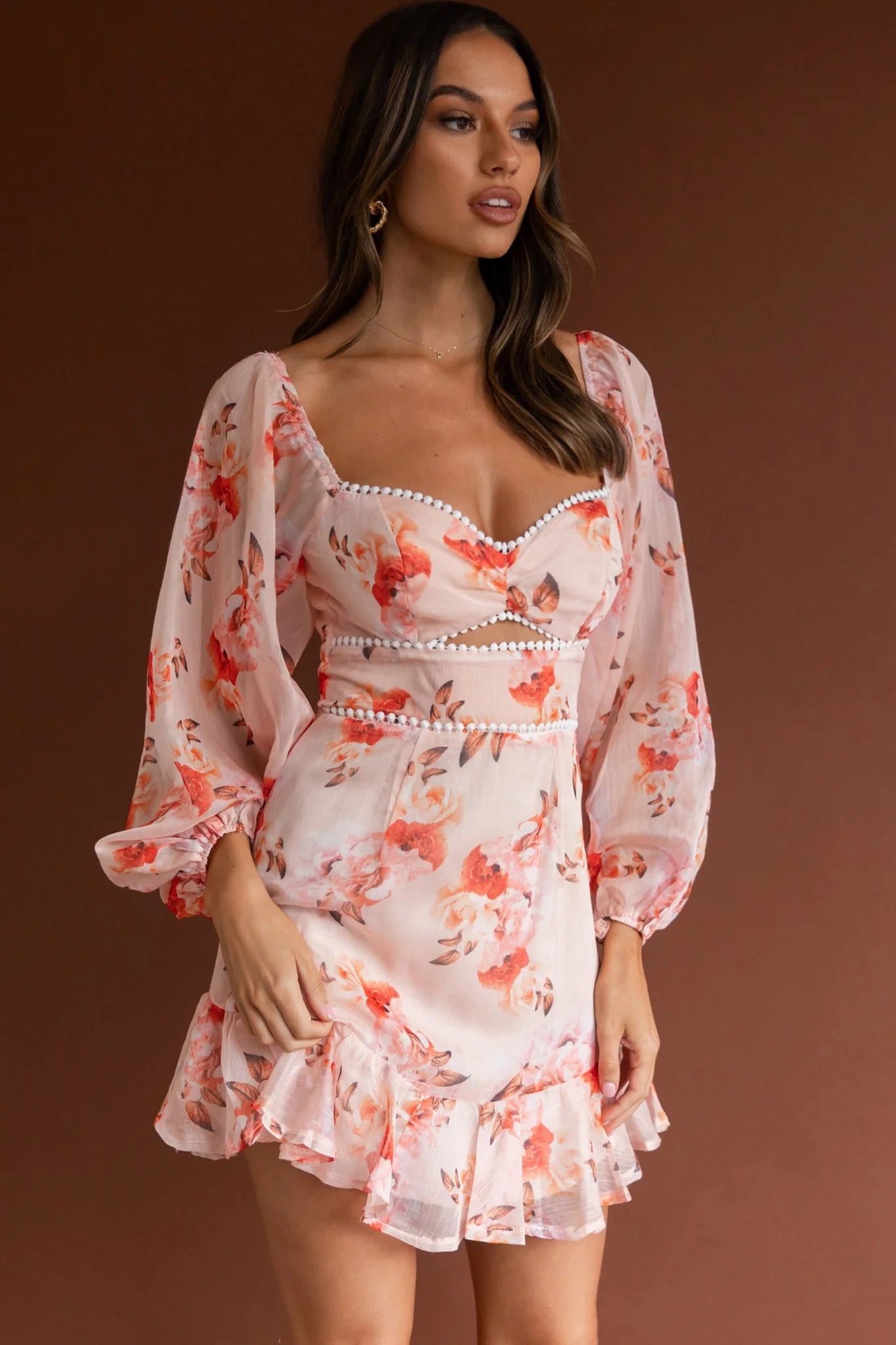 Catch Feelings Sweetheart Neckline Dot Trim Dress Rose Print Orange