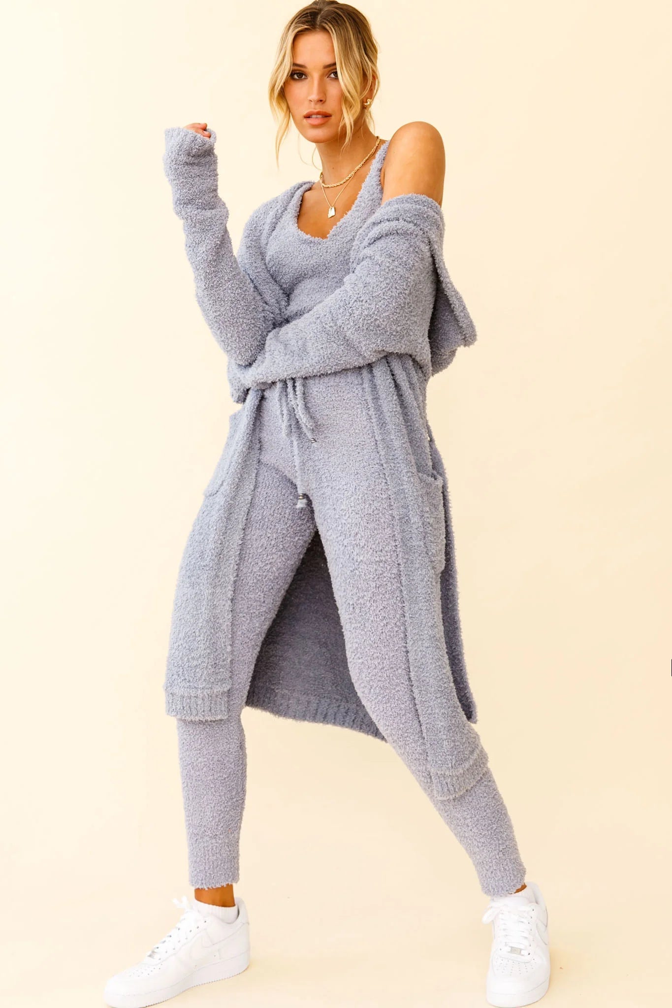 My Girl Fuzzy Knit Jogger Pants Steel Blue