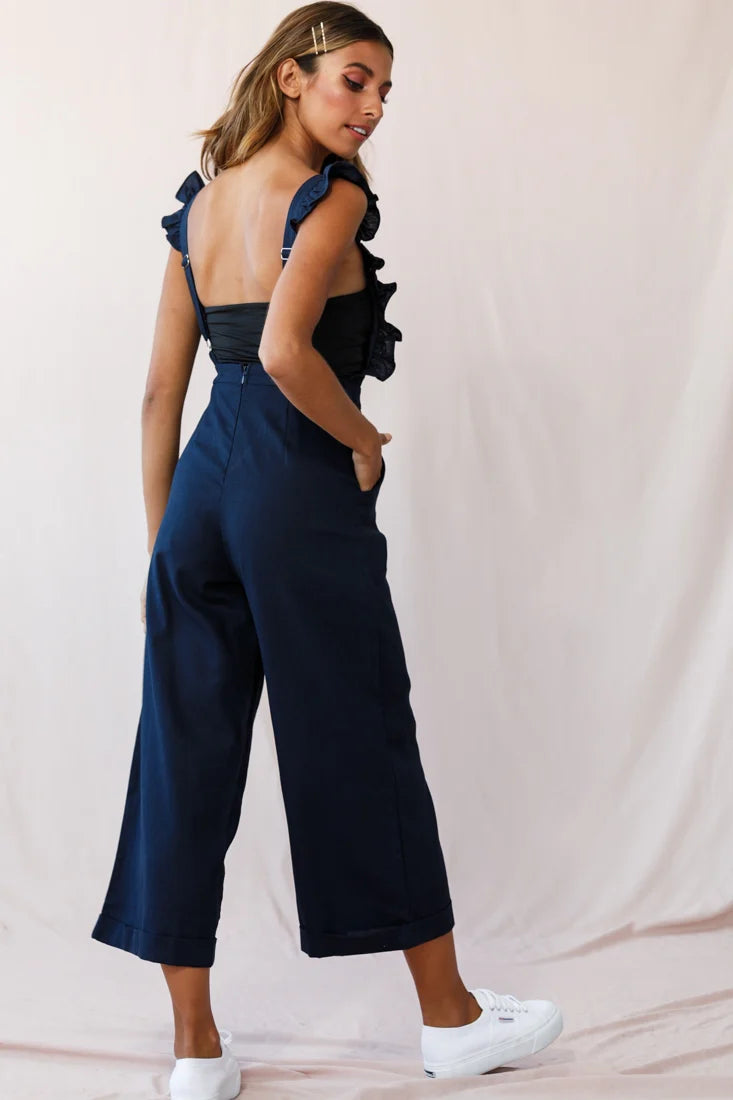 Serenade Ruffle Strap Pinafore Jumpsuit Navy