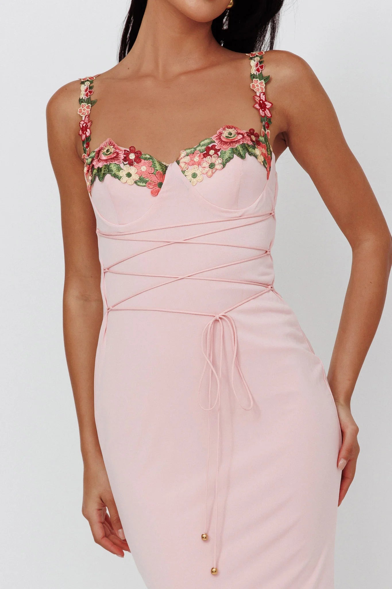 Rose Garden Floral Applique Laced Midi Dress Baby Pink