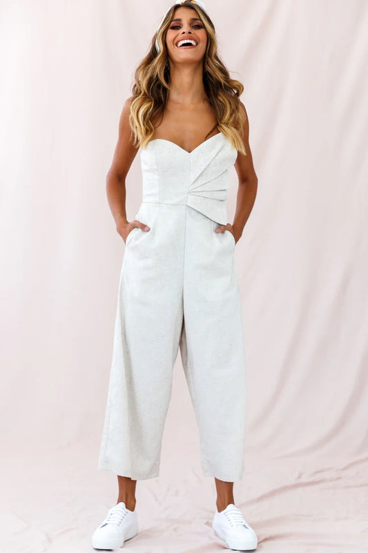 Call Me Wide-Leg Linen Bandeau Jumpsuit Beige