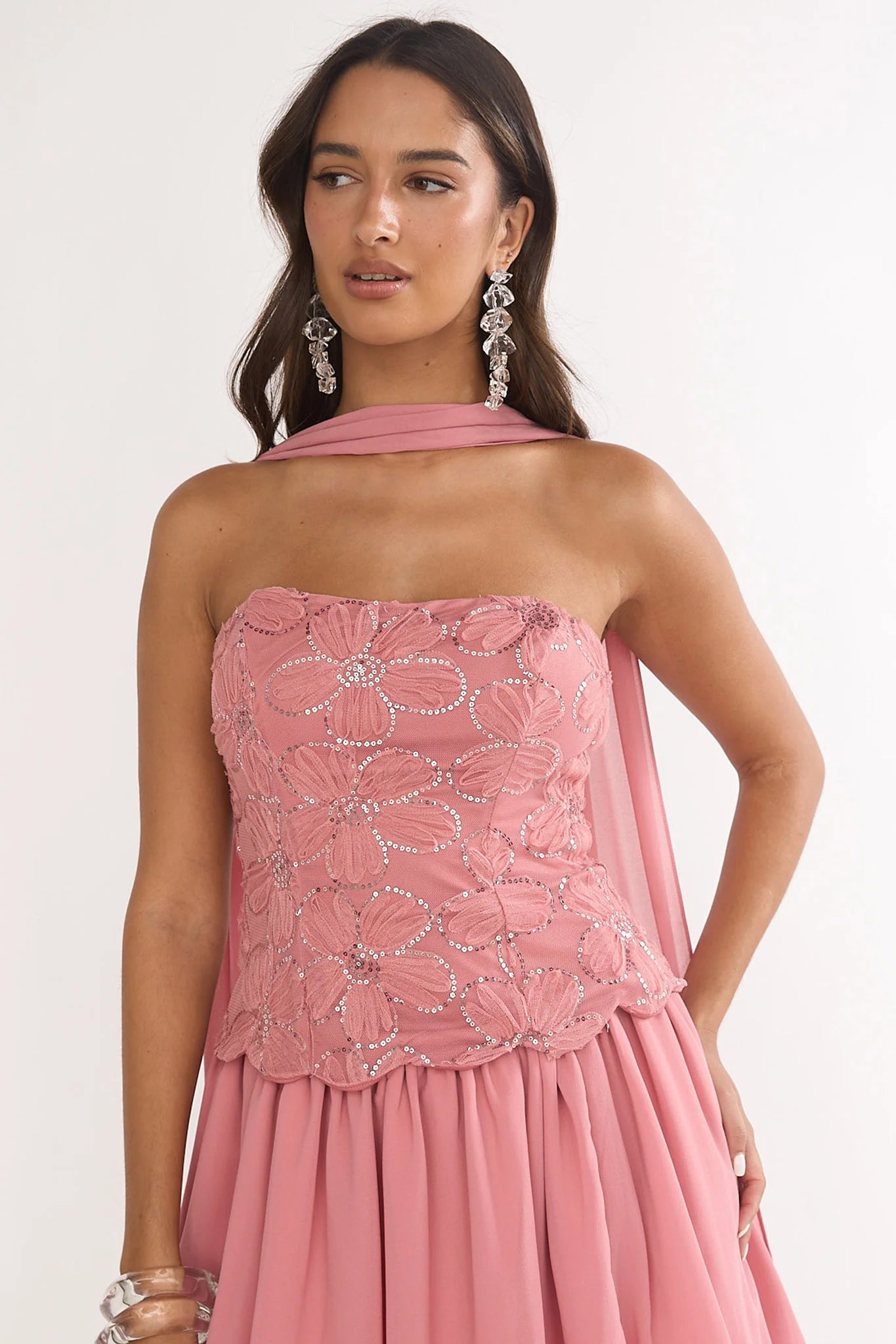 Sunset Serenade Embellished Strapless Top Rose