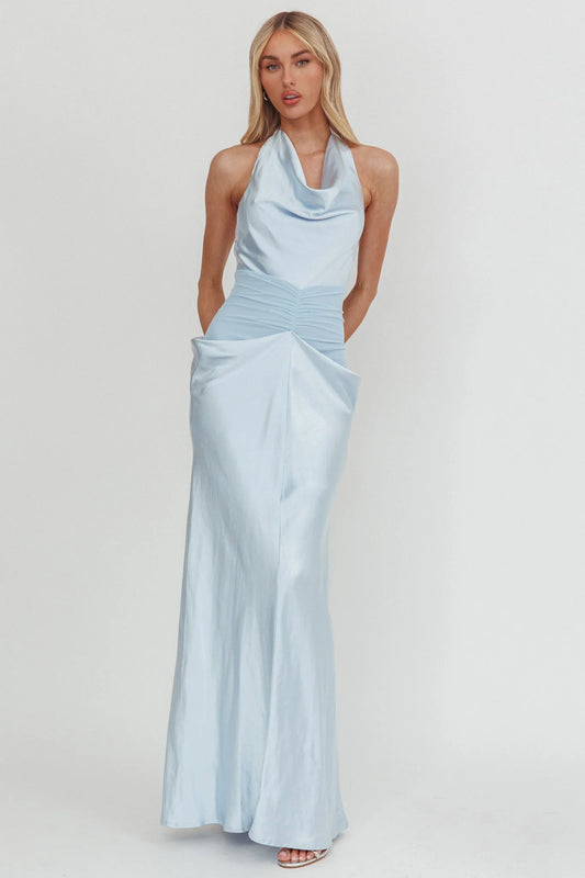 Zynthia Cowl Neck Ruched Waist Maxi Dress Ice Blue