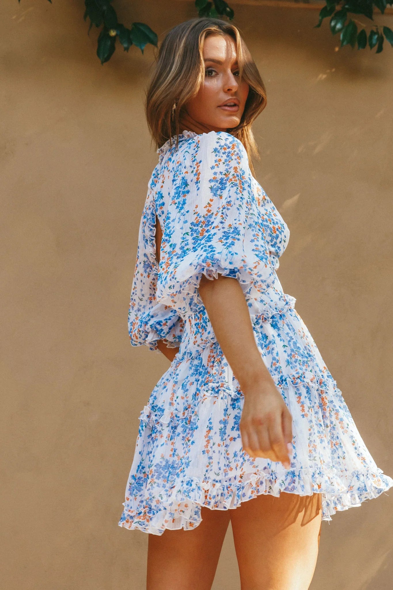 Laney Cutout Back Ruffle Detail Floral Dress White