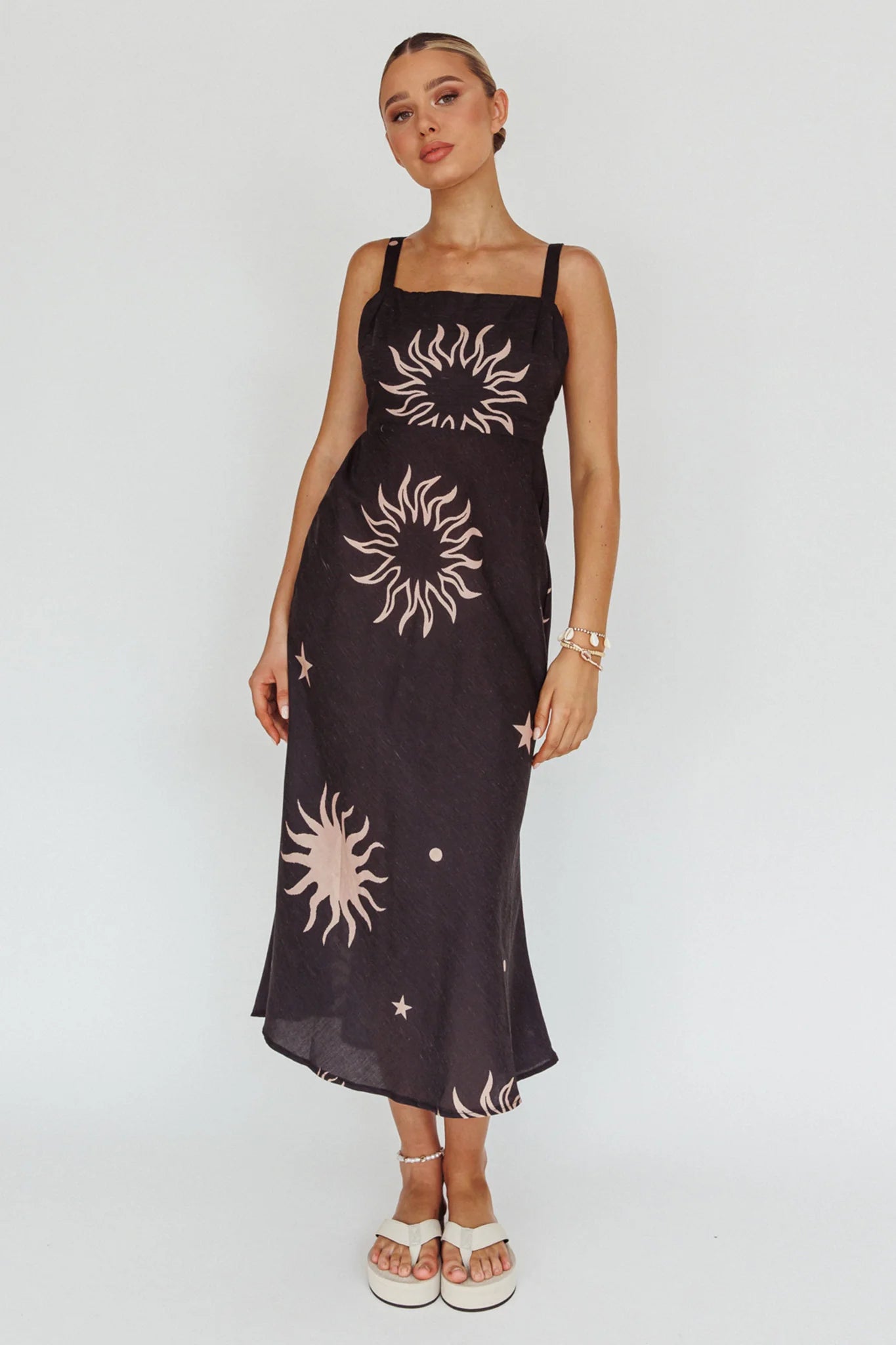 Coucou Square Neckline Midi Dress Celestial Print