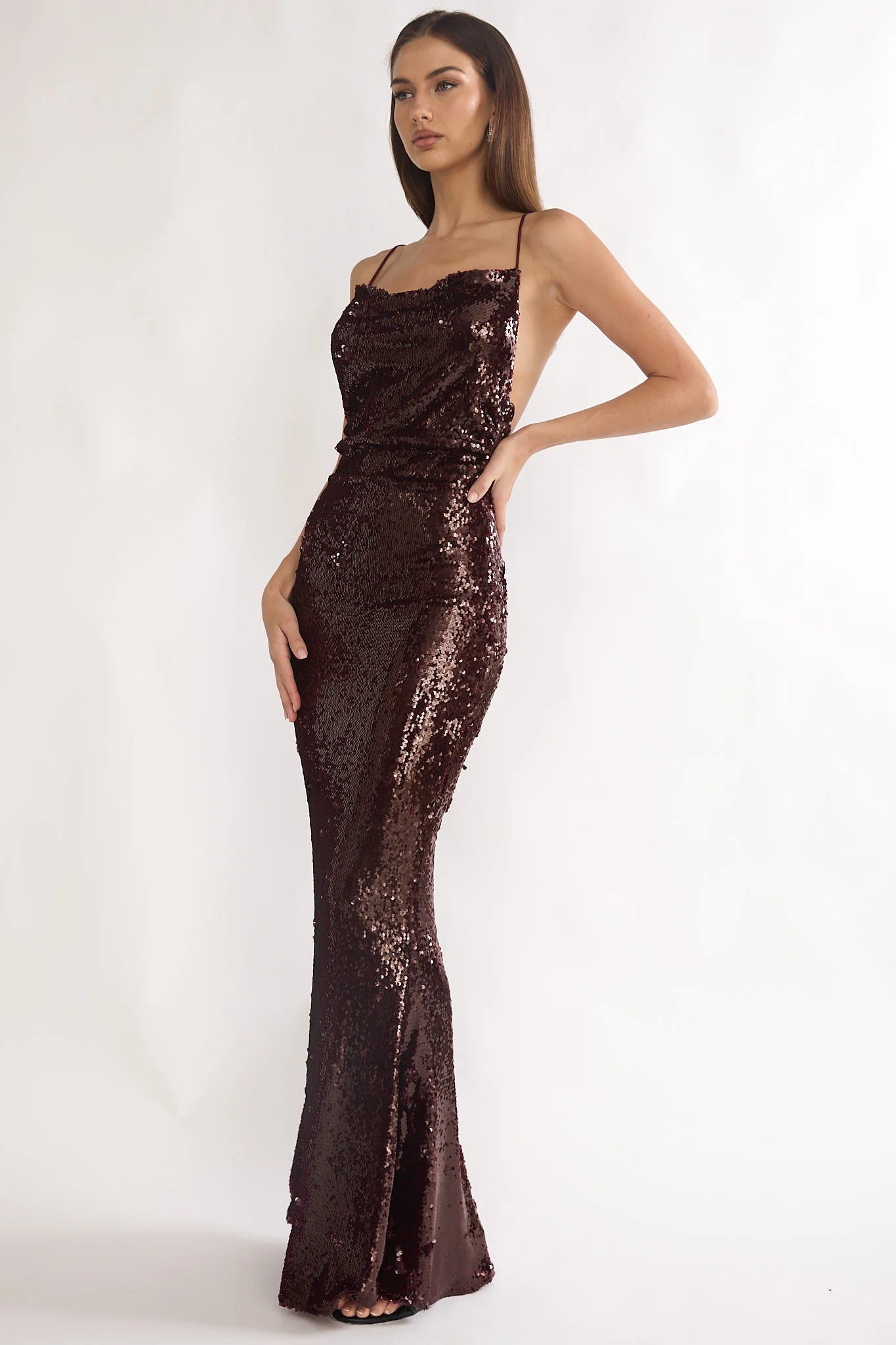 She's The Star Open Tied Back Maxi Dress Sequin Wine