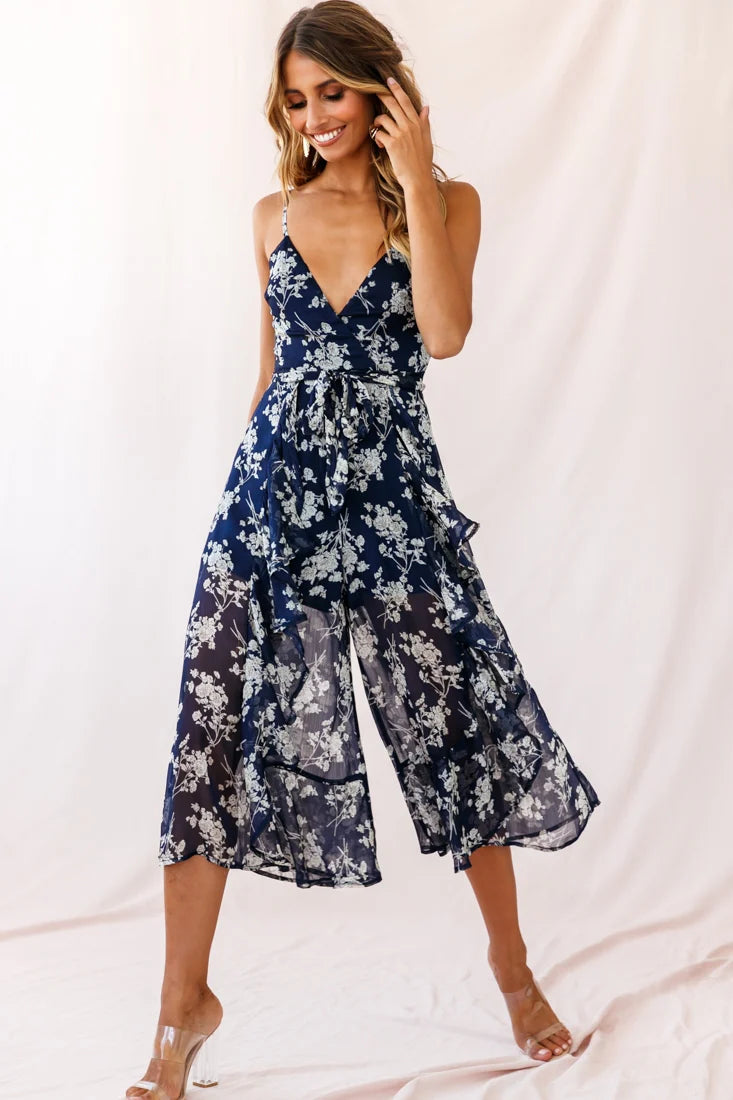 Constance Thin Strap Midi Jumpsuit Navy/White Flower