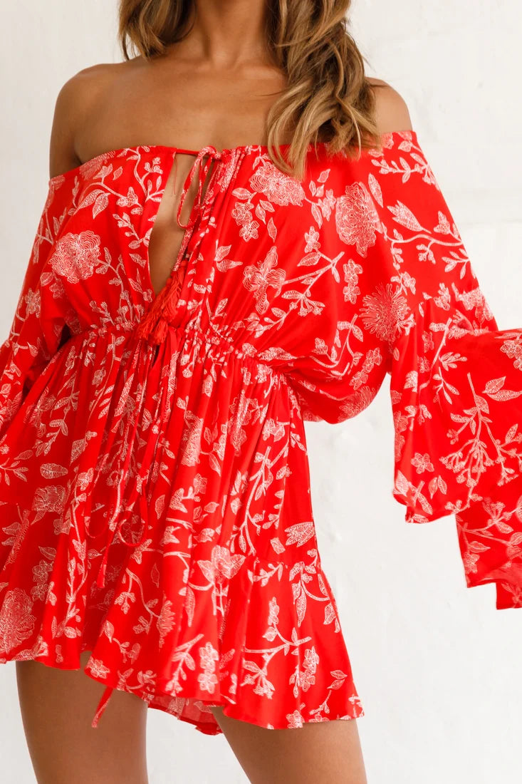 Fiona Drawstring Floral Romper Red