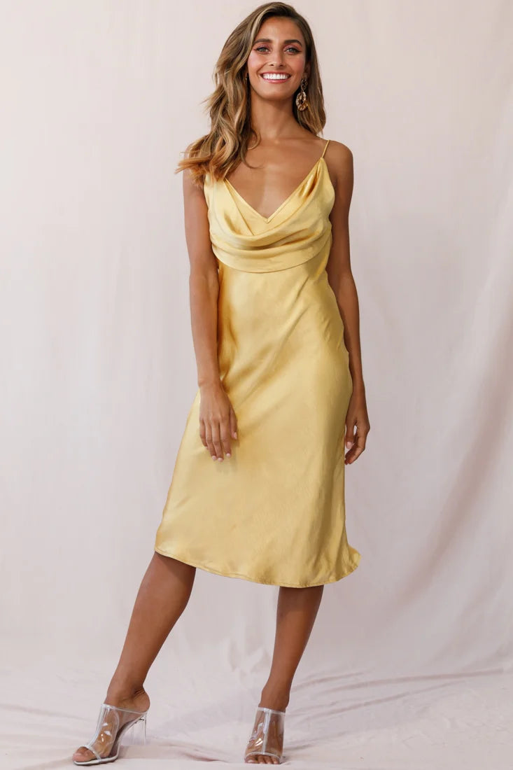 Double Take Draped Bust Midi Dress Mustard