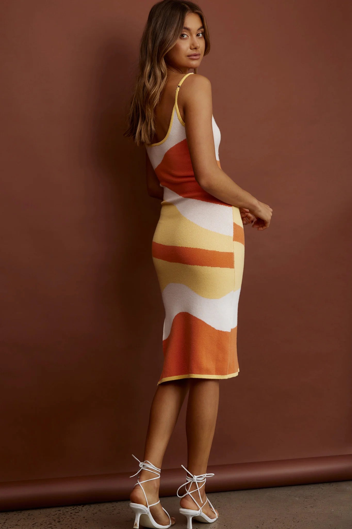 Sunshine State Cami Strap Midi Dress Abstract Peach