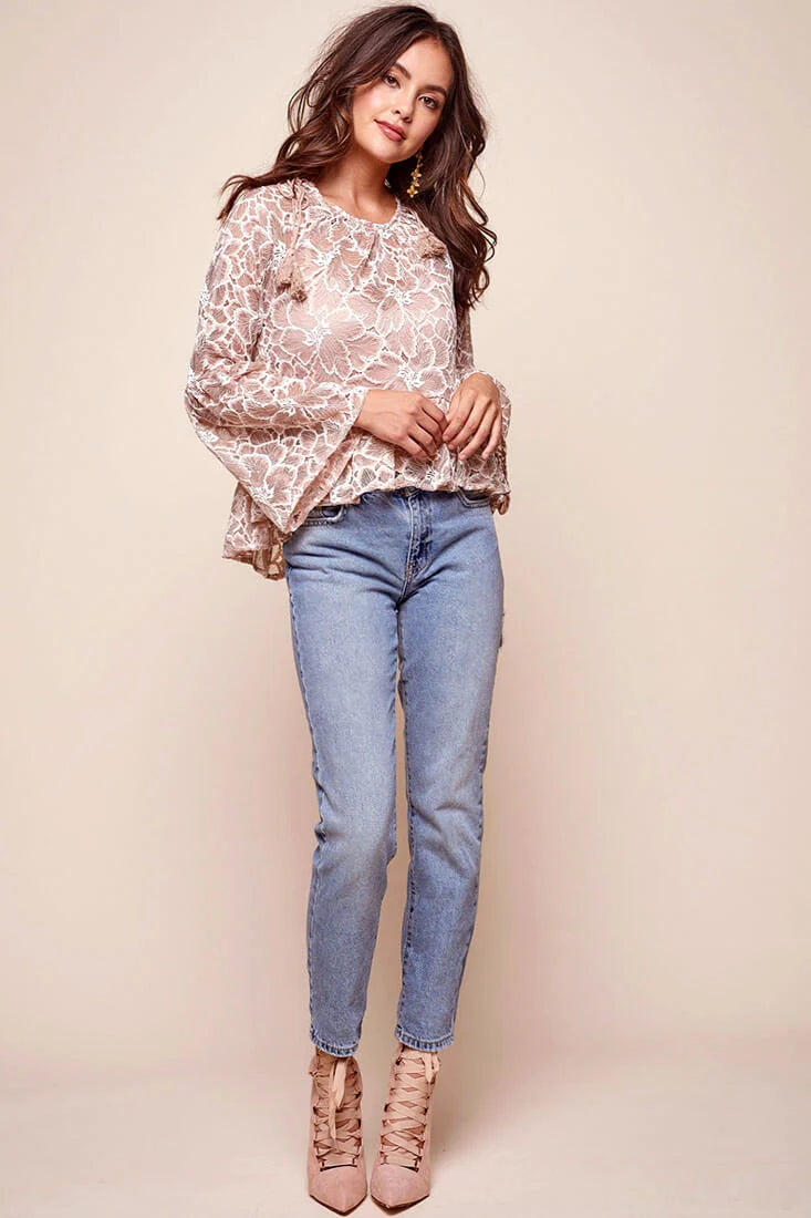 Neiah Sheer Lace Bell Sleeved Top Mocha