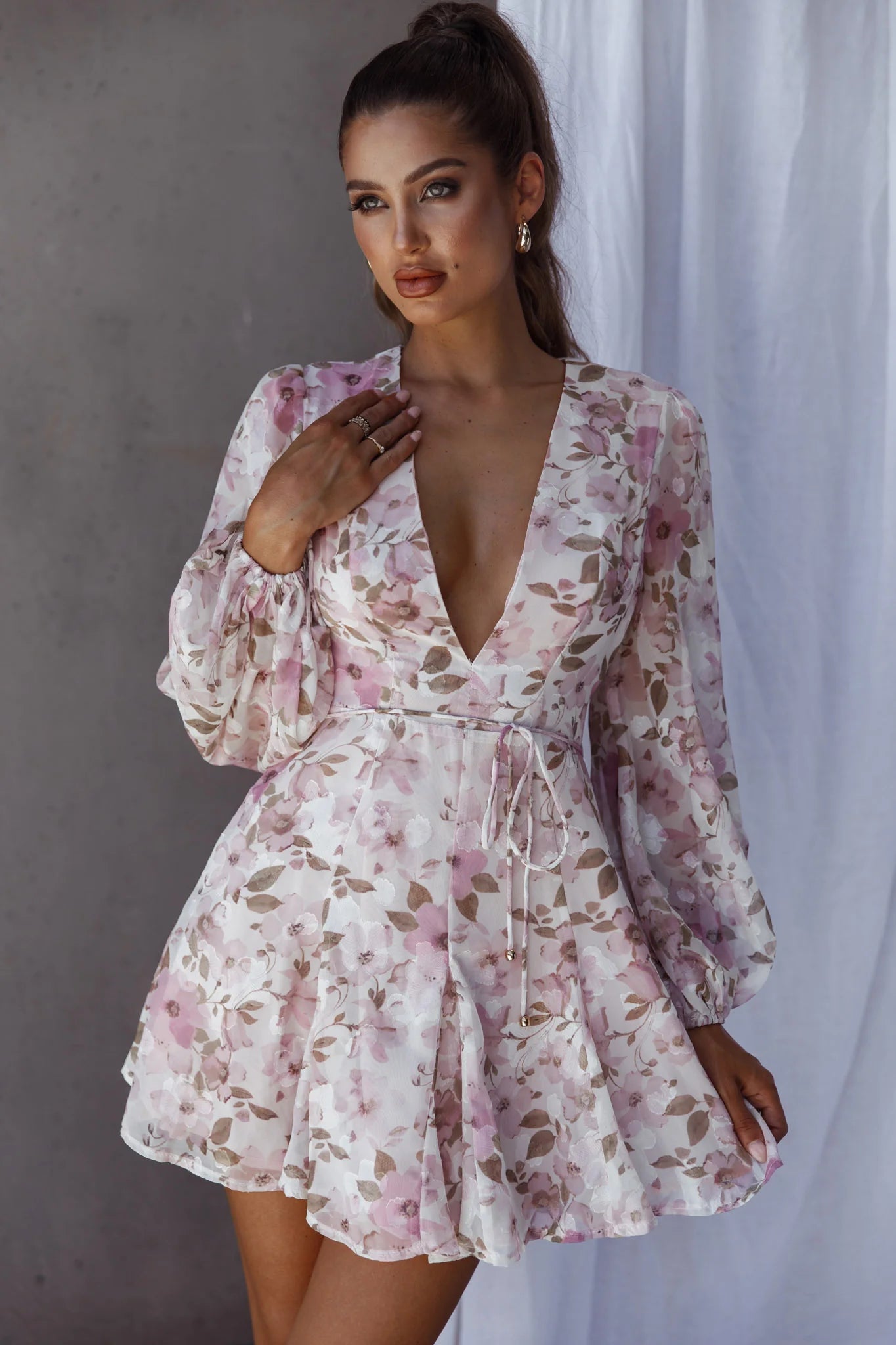 Estelle Long Sleeve V-Neckline Dress Watercolor Floral Print Rose
