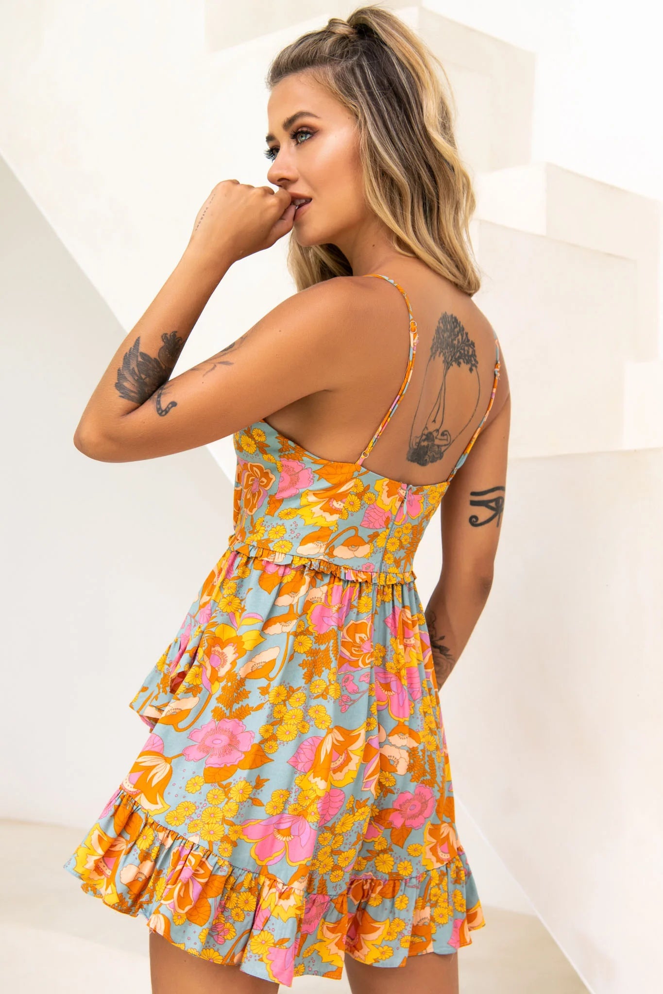 Geordie Ruched Bust Frill Trim Dress Floral Print Aqua Multi