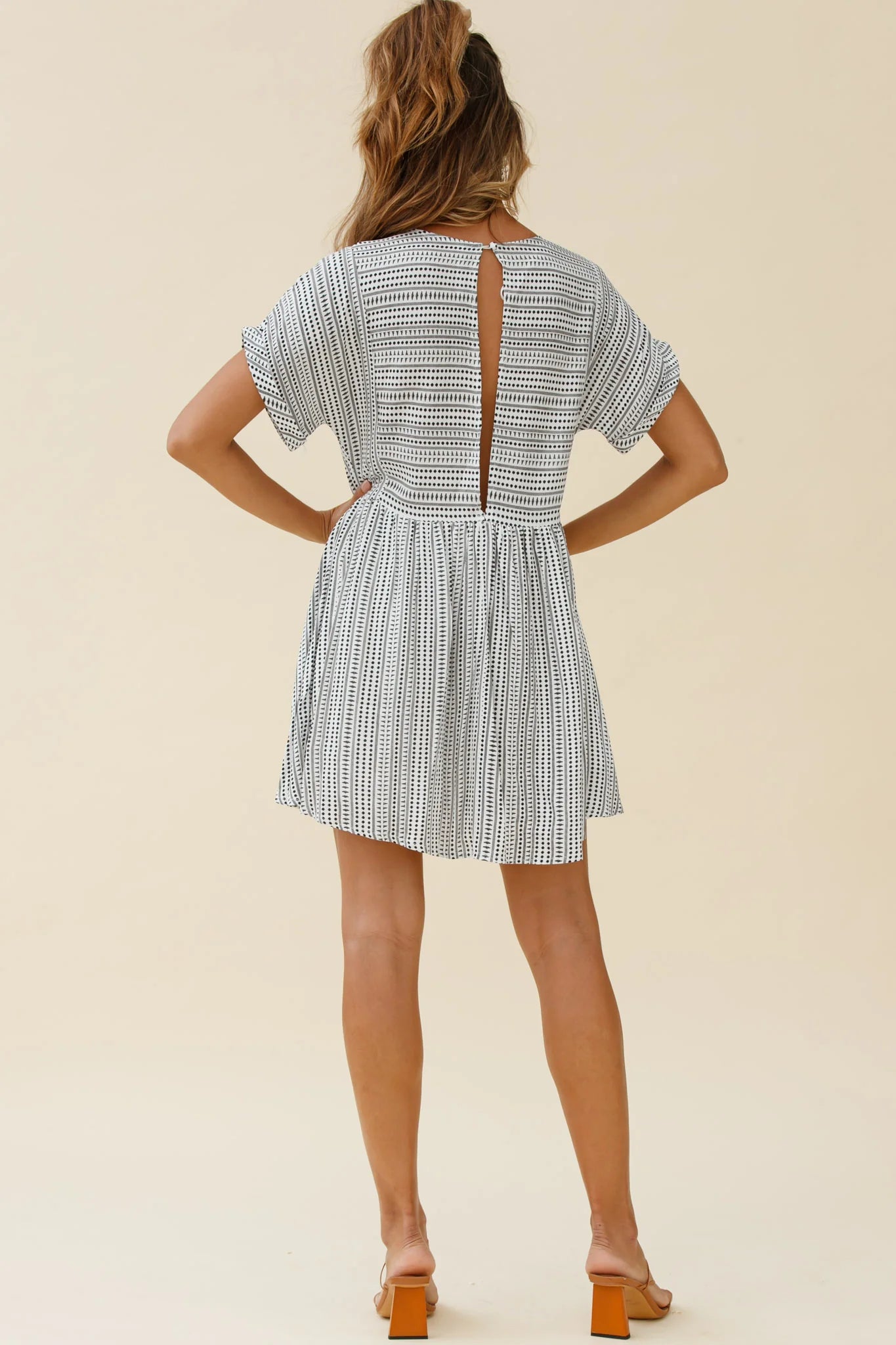 Susie Rolled Sleeve Crew Neck Swing Dress Stripe Pattern Black