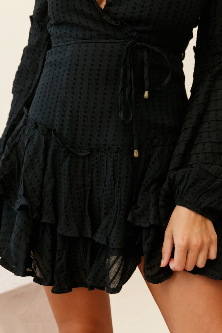 Neve Balloon Sleeve Layered Ruffle Hem Dress Black