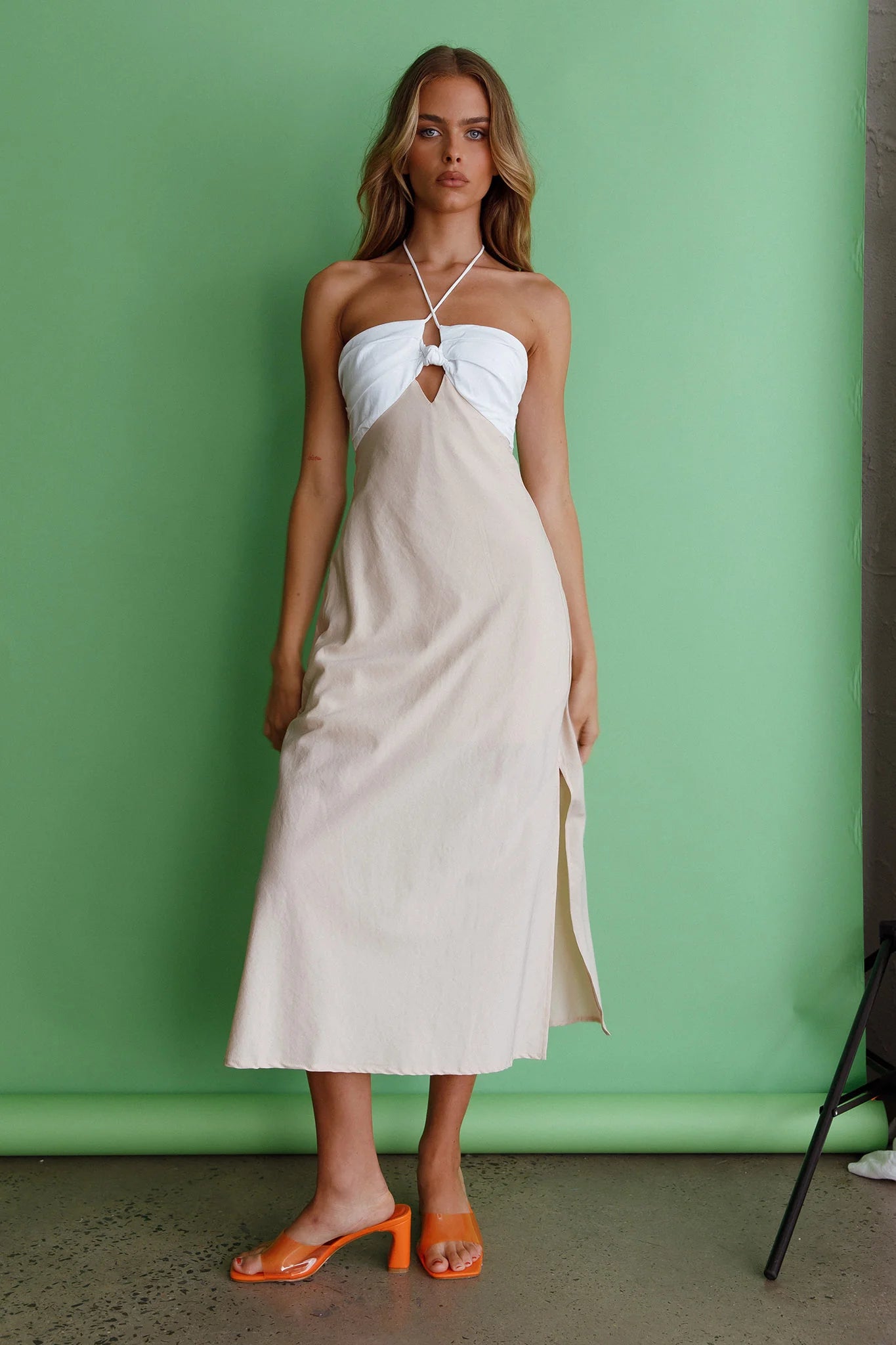 Prue Halterneck Midi Dress Beige