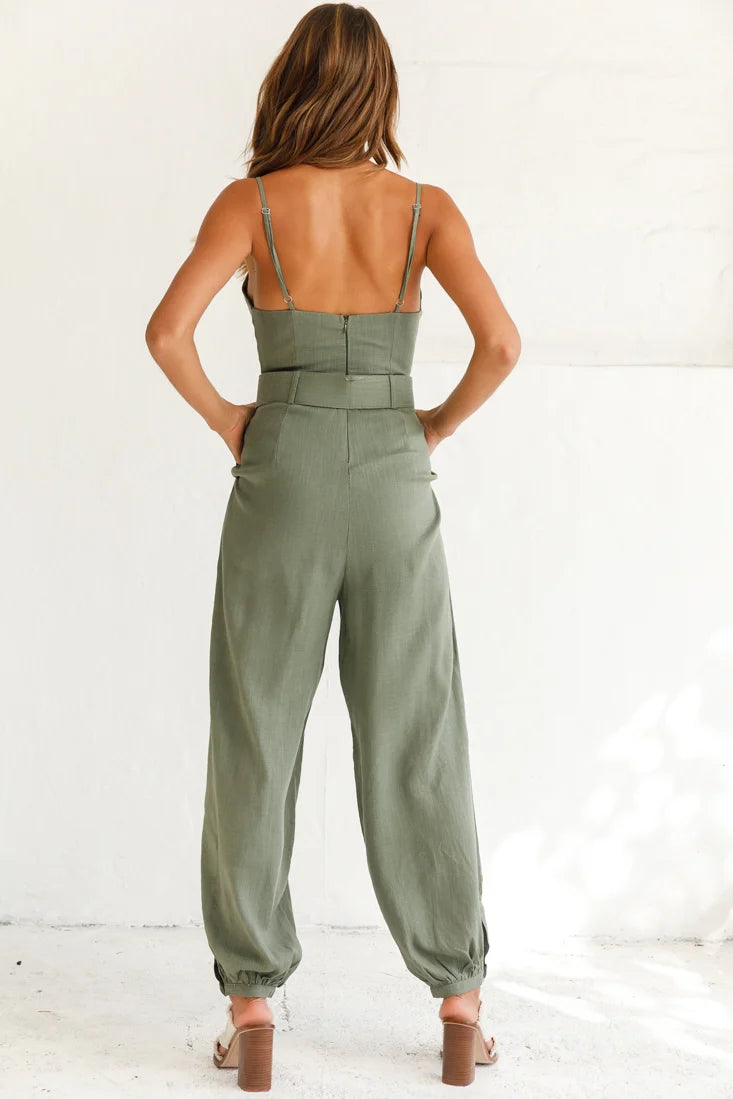 Santa Barbara Cuffed Hem Belted Jumpsuit Olive