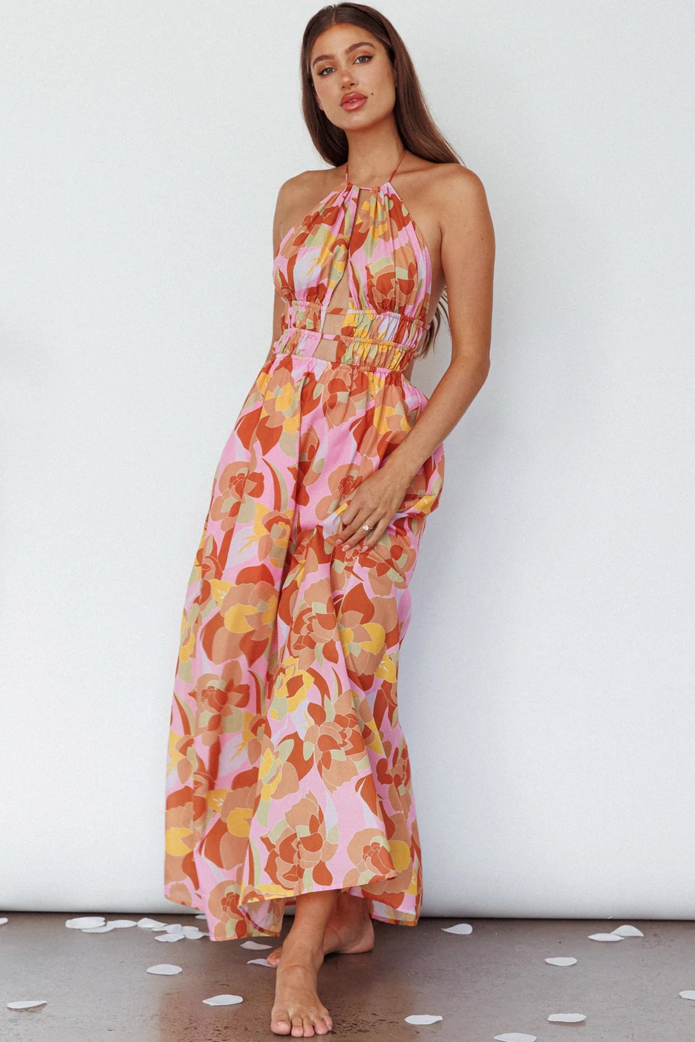 Cyndi Open Back Halterneck Maxi Dress Pink Multi