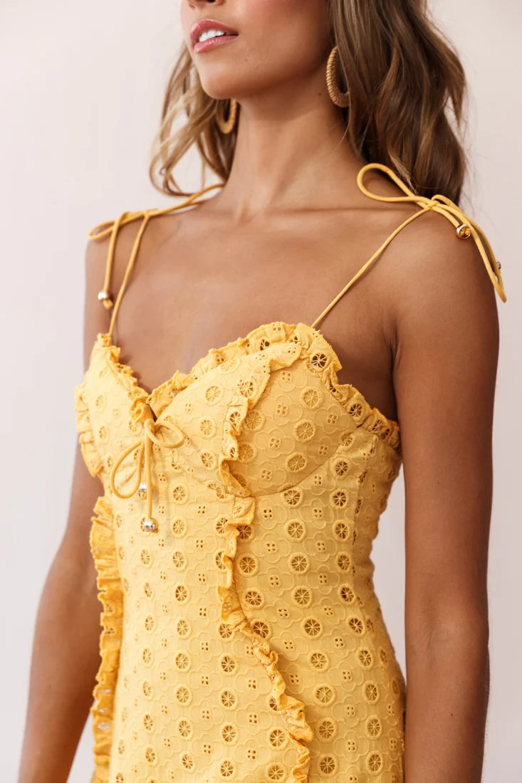 Pippa Eyelet Embroidered Frill Trim Dress Yellow