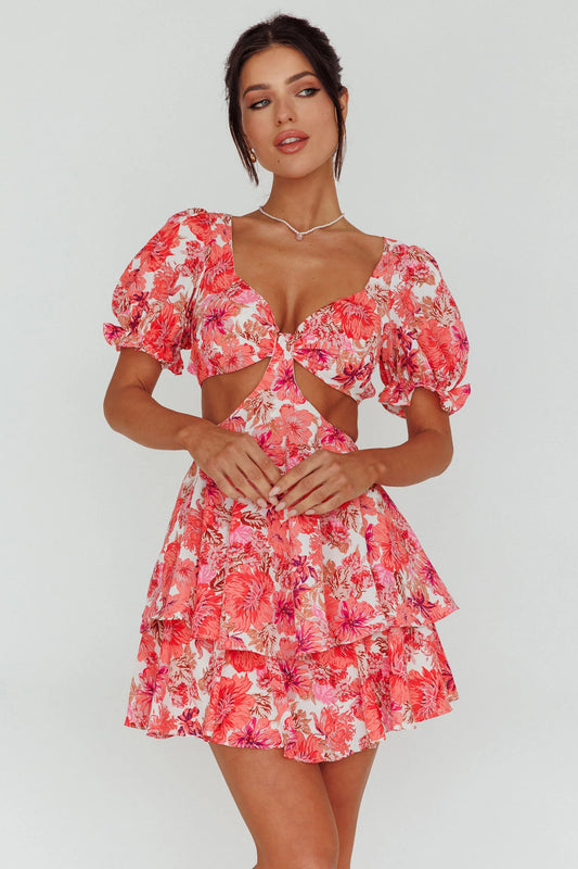 Orianthi Cut-Out Waist Mini Dress Floral Pink