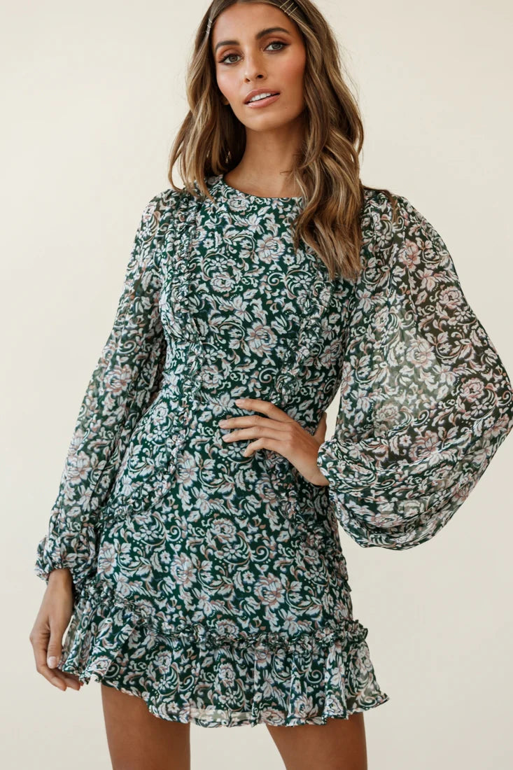 Mirabelle Long Balloon Sleeve Ruffle Hem Dress Floral Print Olive