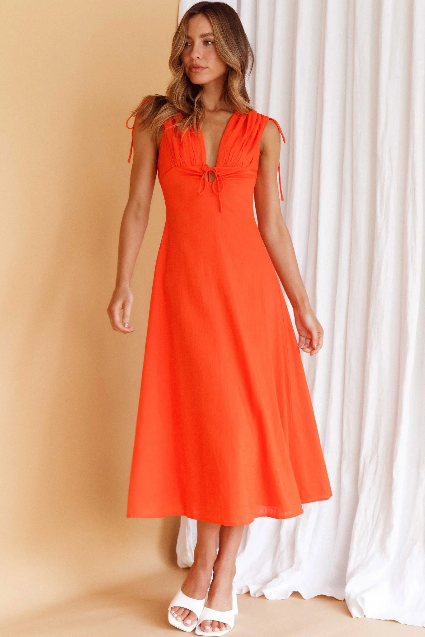 Cape Cod Drawstring Accent Midi Dress Tangerine