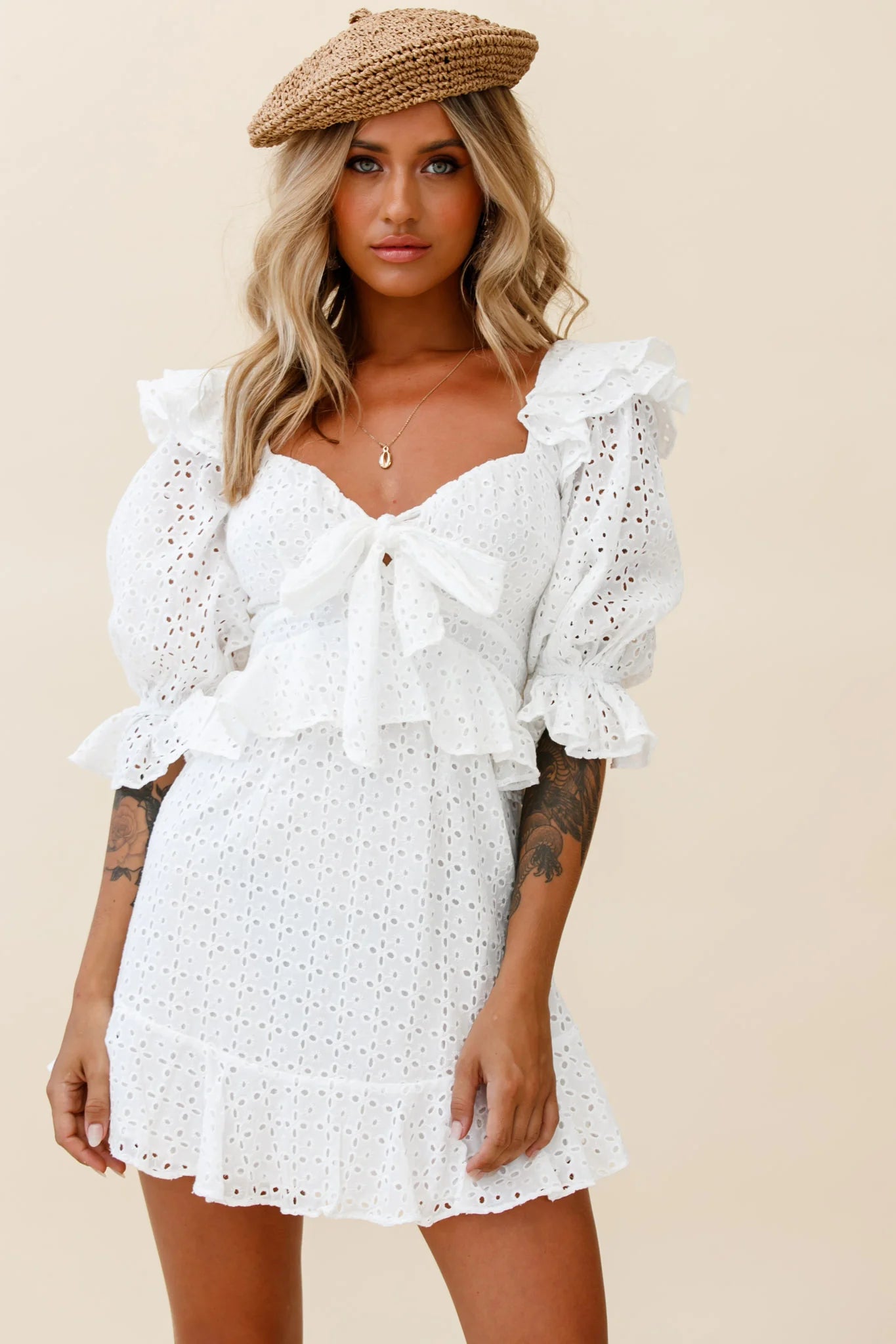 Say That Again Bust Tie Ruffle Trim Dress White