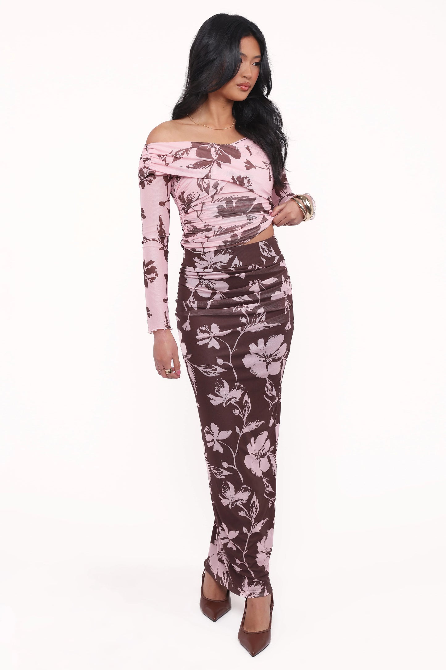 Navida Mesh Midi Skirt - Pink Brown Floral