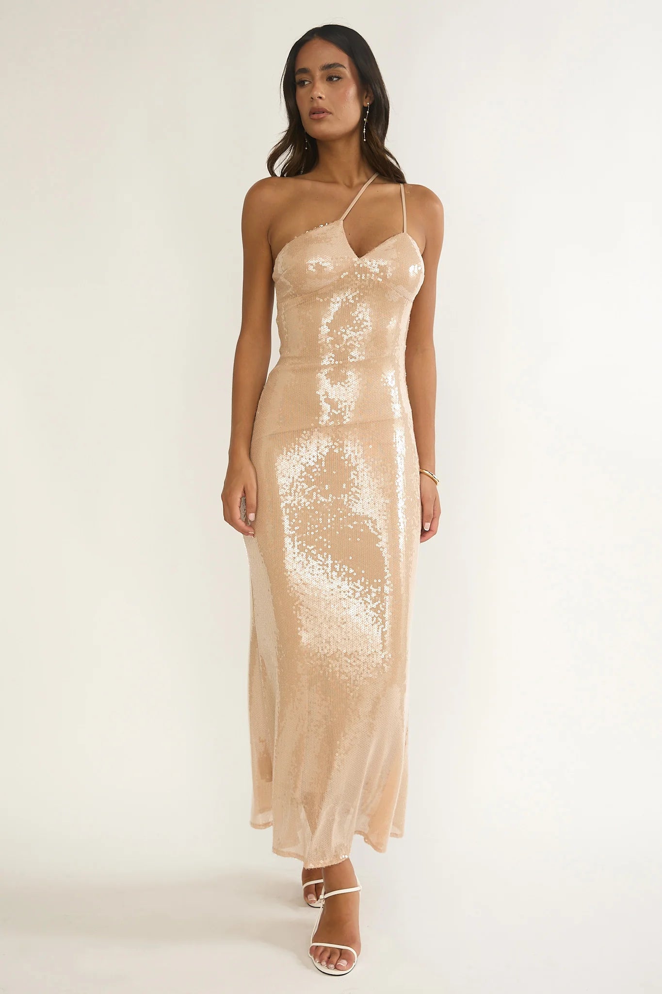 Roselyn One-Shoulder Sequin Maxi Dress Latte