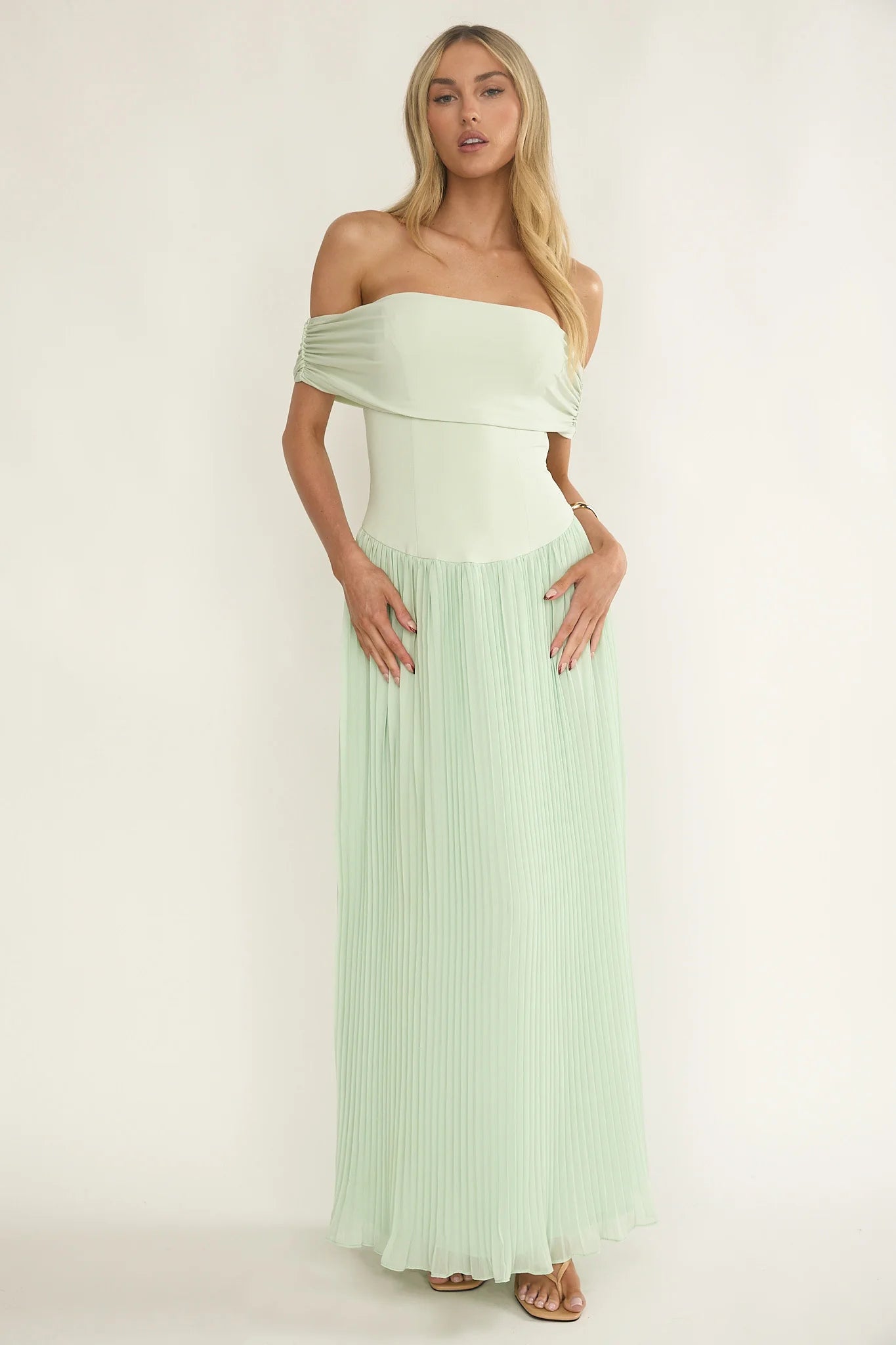 Flutters Off-Shoulder Accordion Pleat Dress Sage