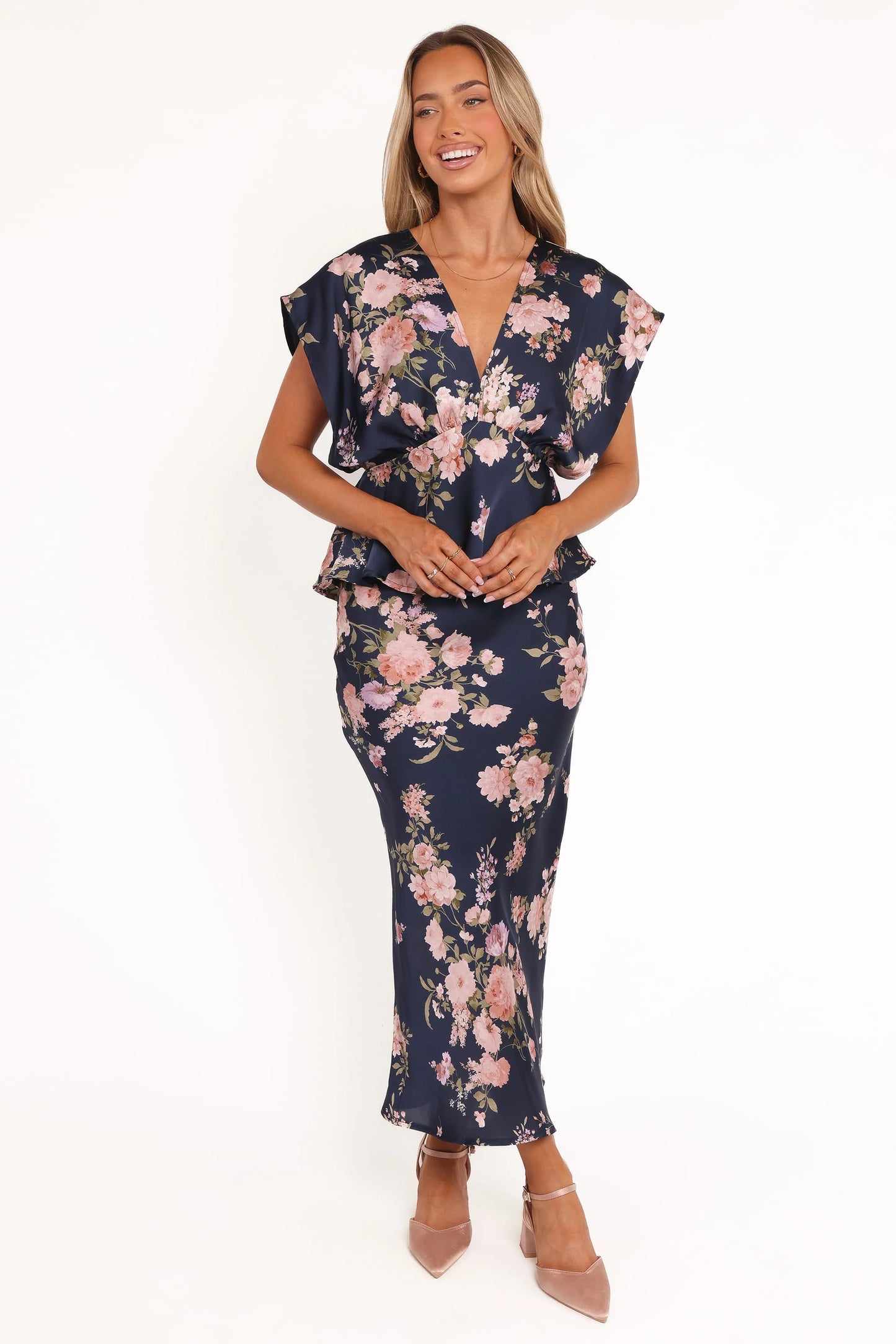 Kenna Satin Midi Skirt - Navy Floral
