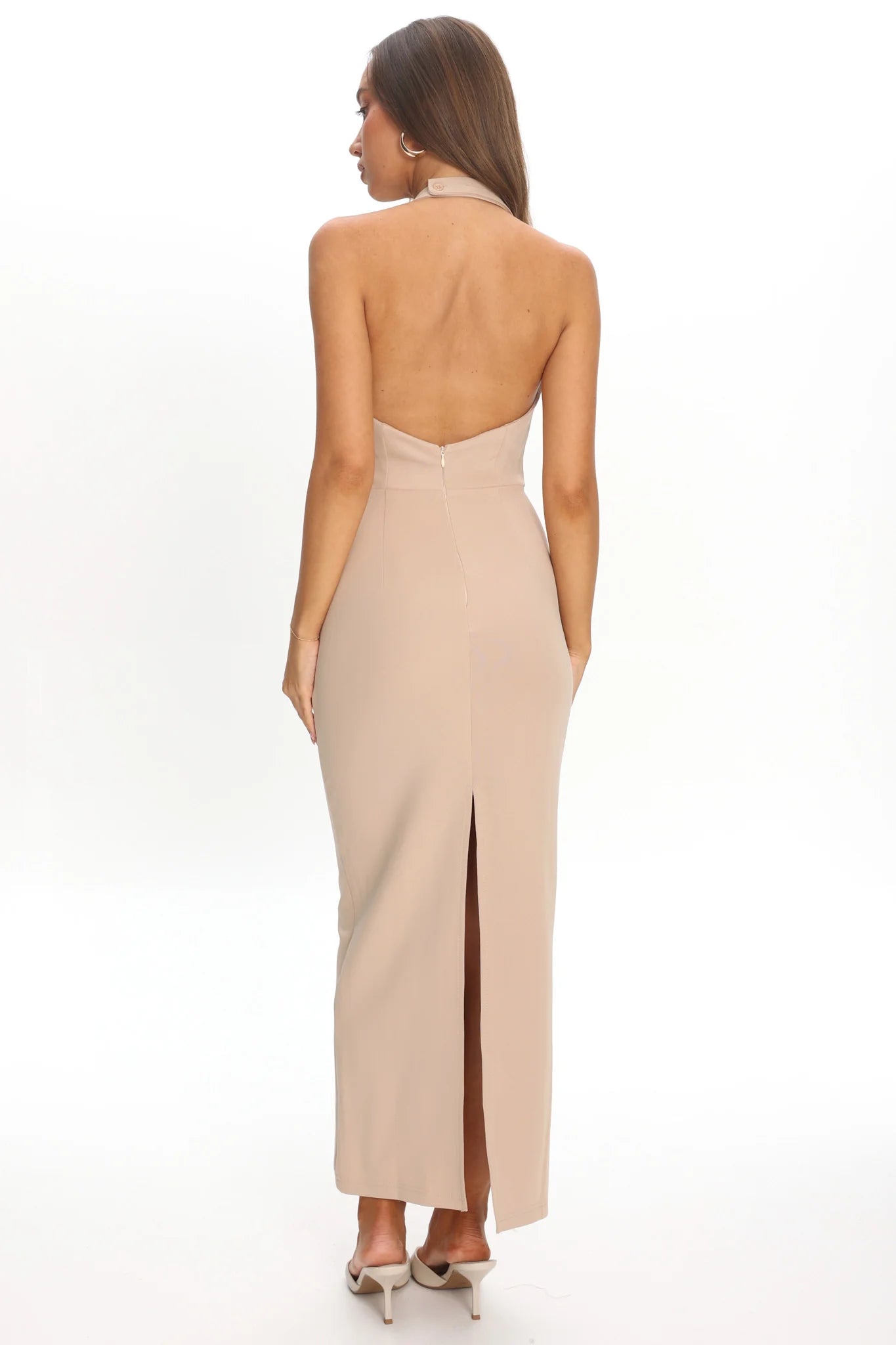 Goldfoil Halter Neck Maxi Dress Ecru
