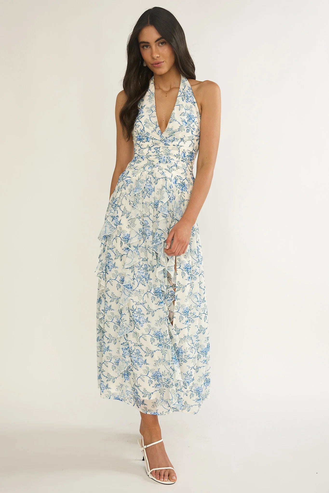 She's Glowing Halterneck Ruffle Dress Floral Blue