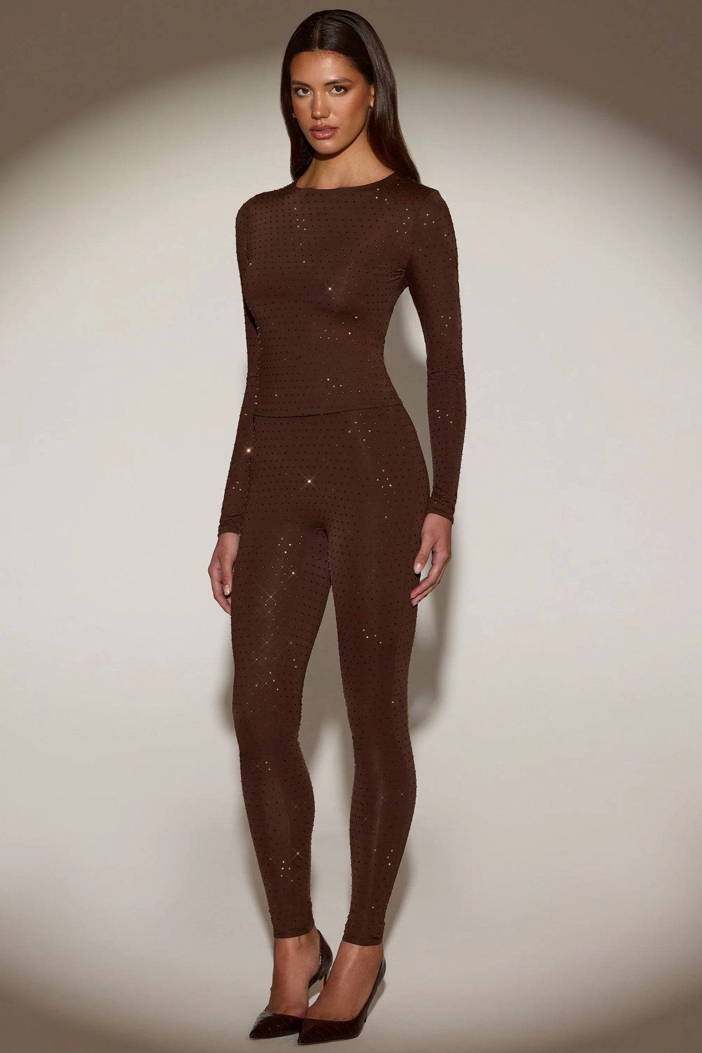 Embellished Crew-Neck Long-Sleeve Top in Chocolate Brown