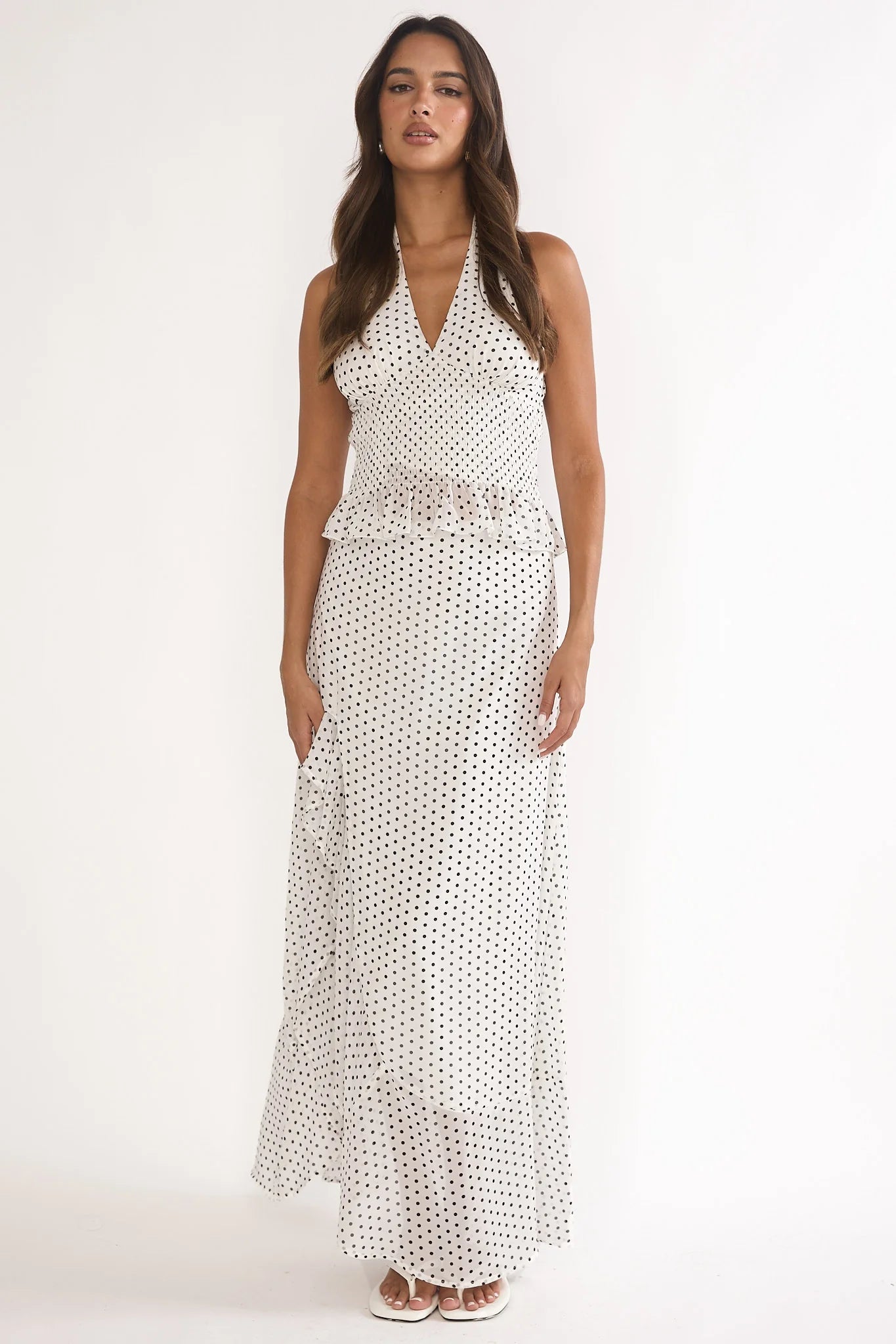 Caliah Ruffle Split Maxi Skirt Polka Dot Ivory