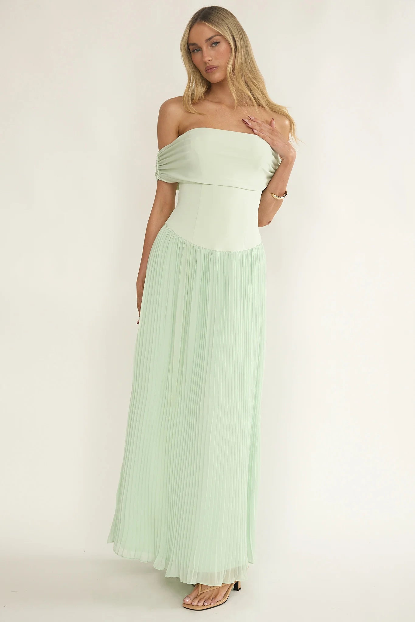Flutters Off-Shoulder Accordion Pleat Dress Sage