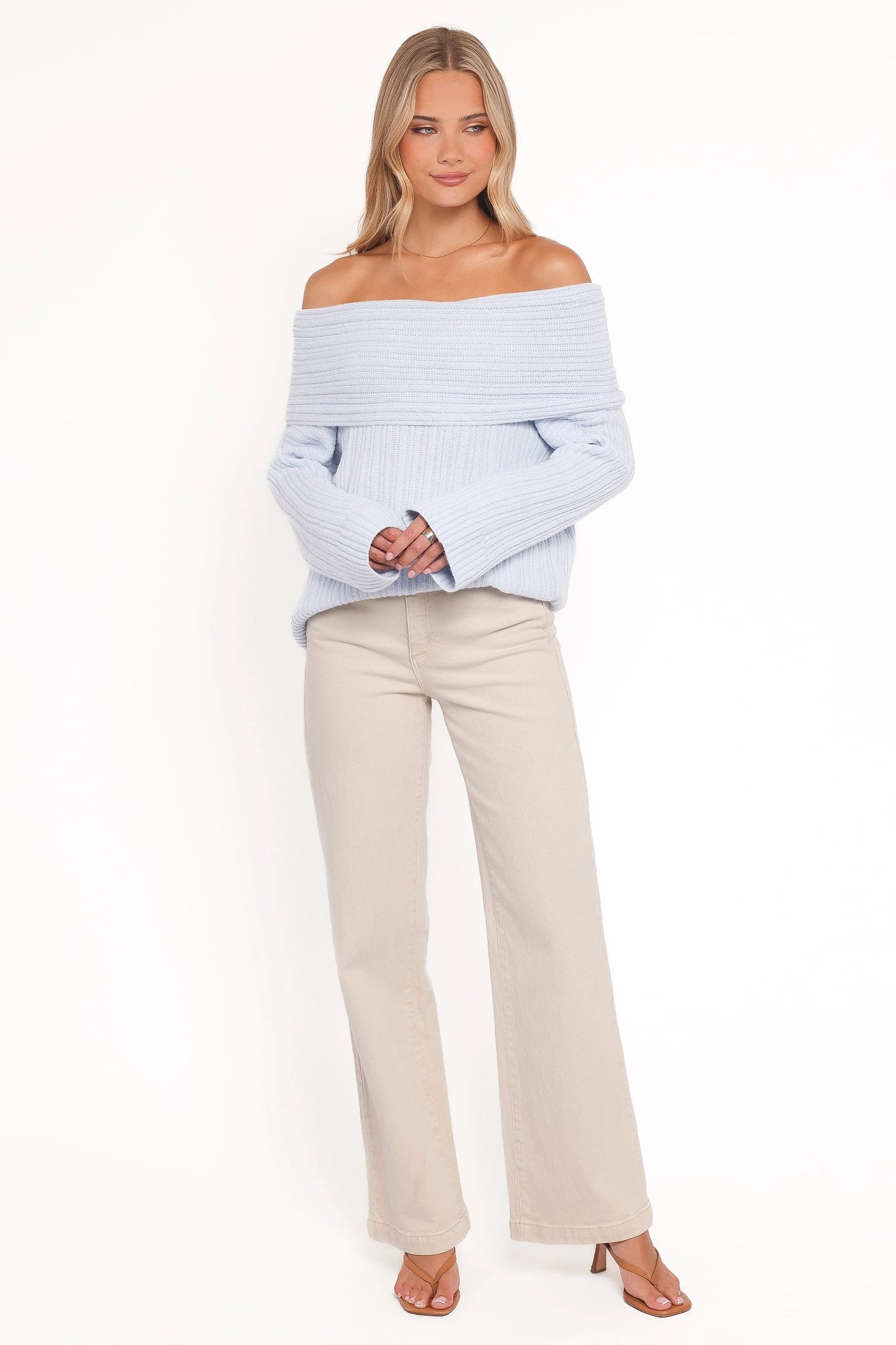 Kenny Off Shoulder Knit Sweater - Pale Blue