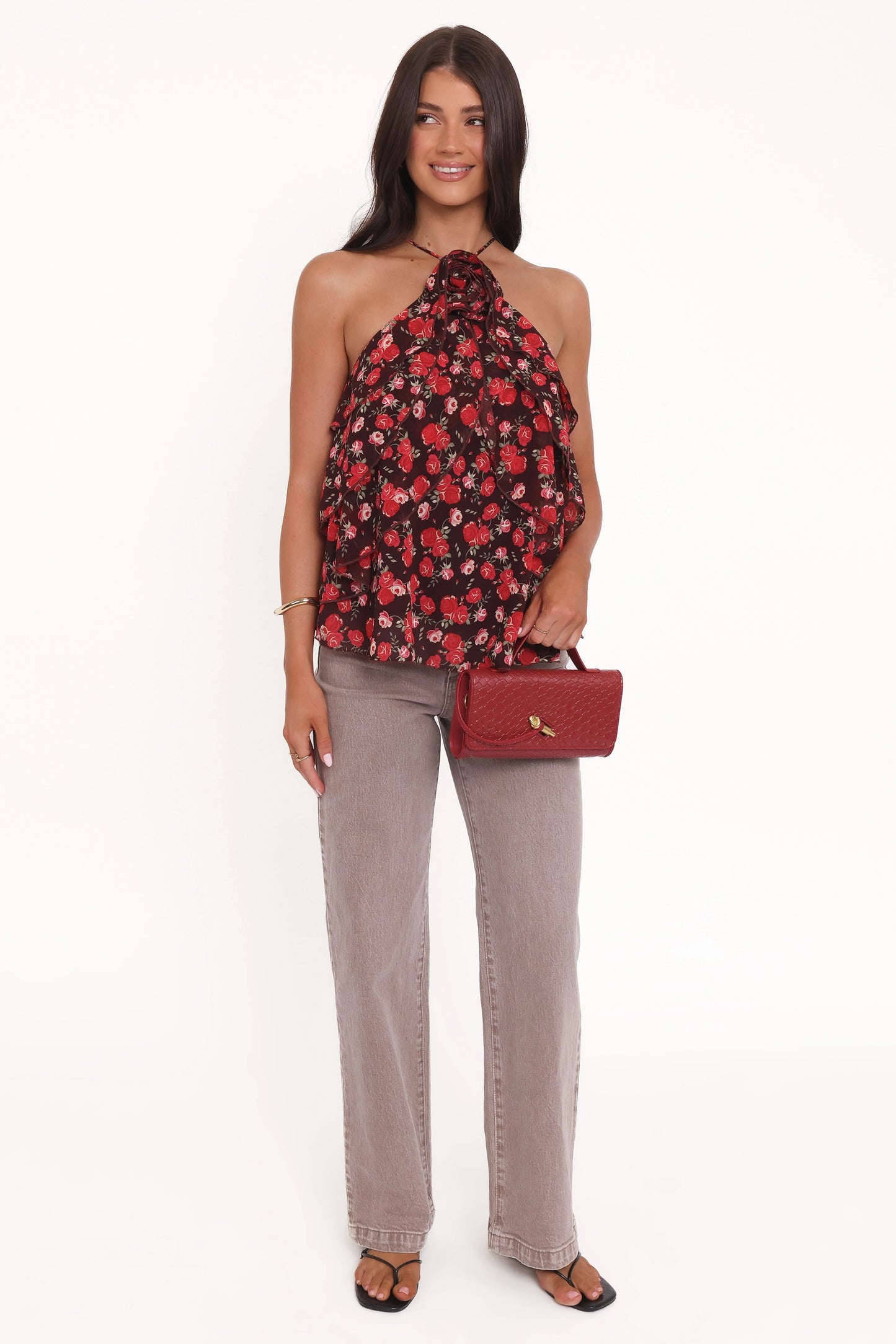 Zorina Halter Neck Chiffon Top - Brown Floral