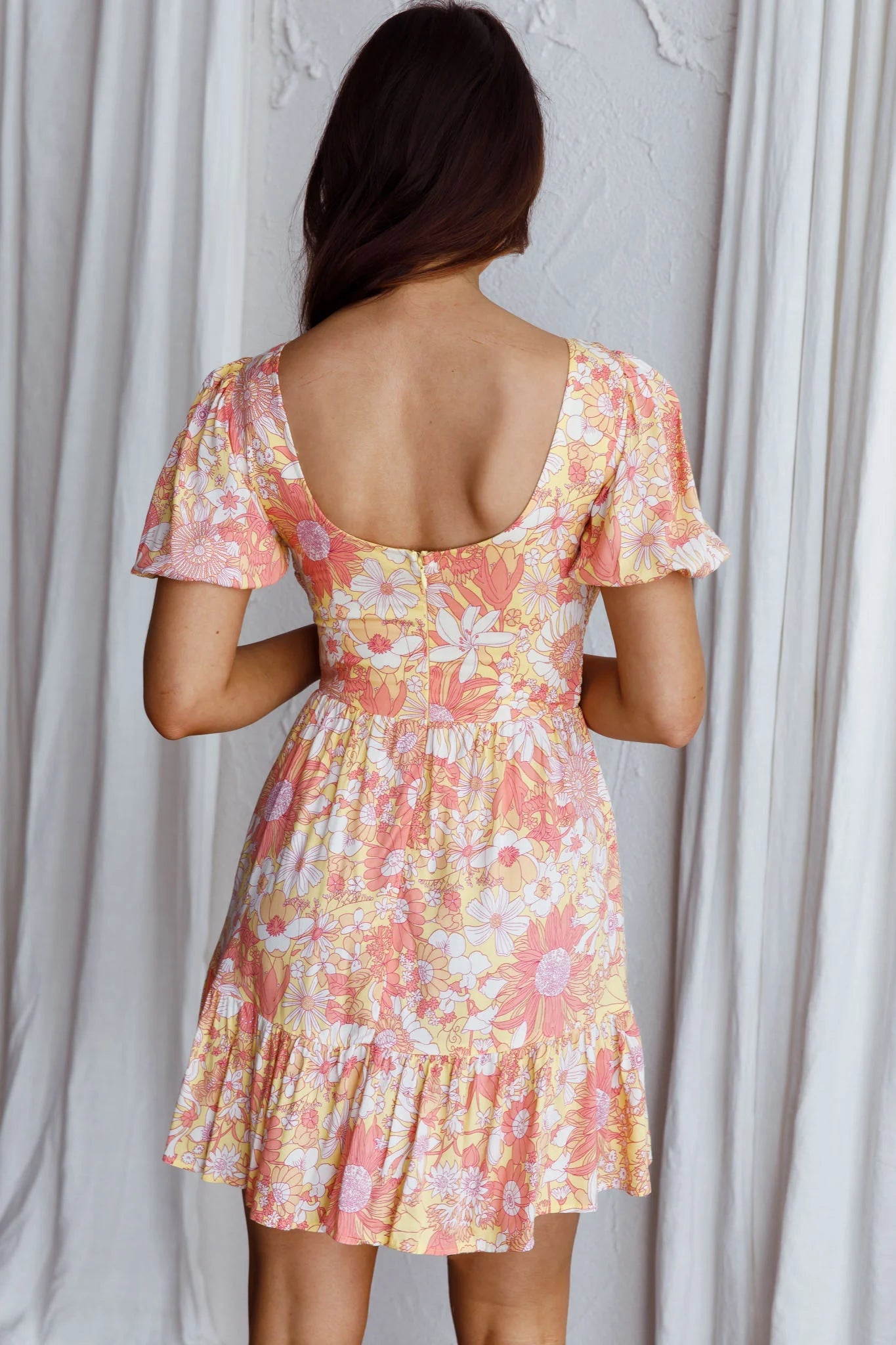 Crystal Shores Shirred Bust Mini Dress Floral Yellow