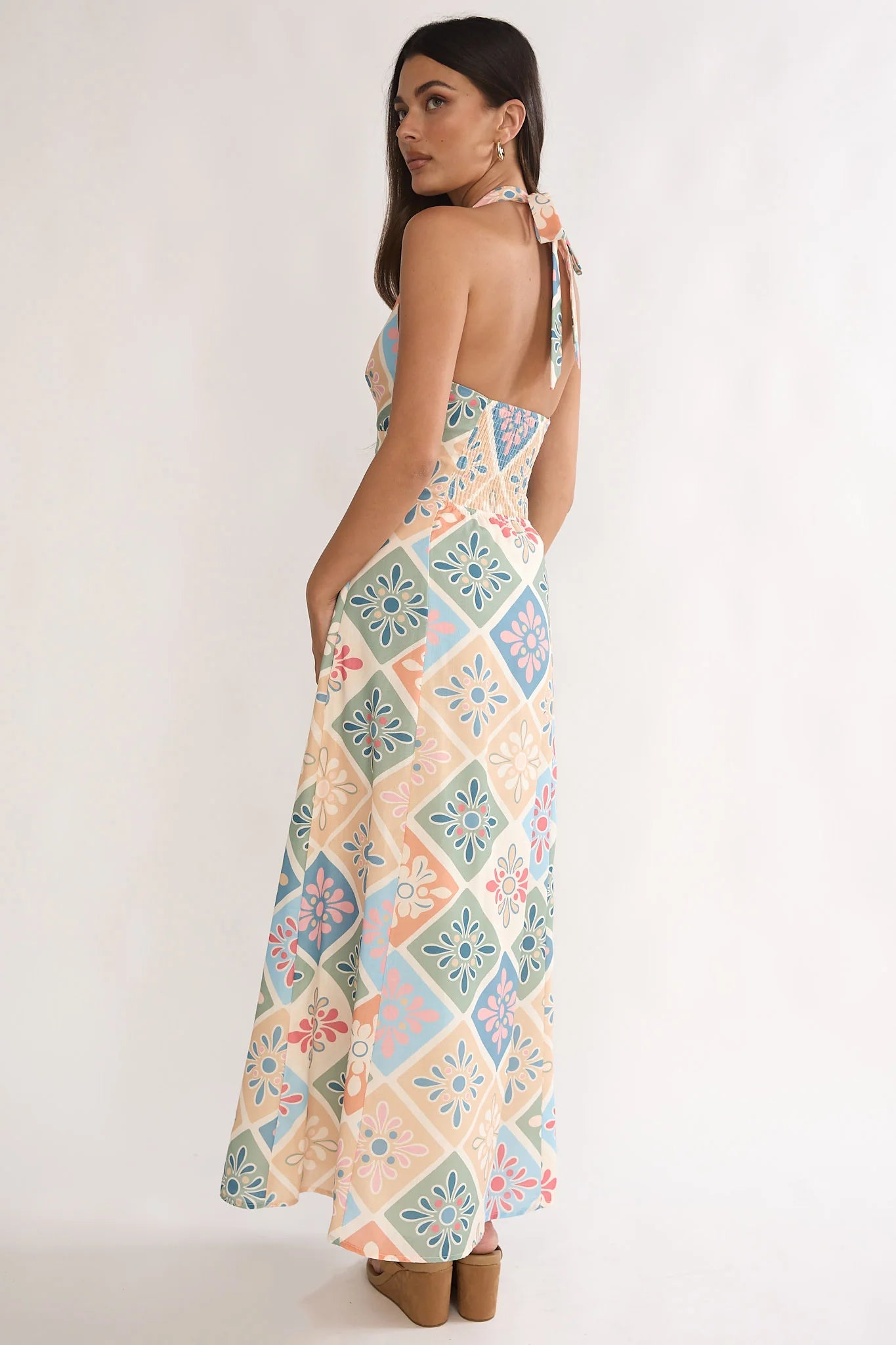 Nolara A-Line Halterneck Maxi Dress Green Multi
